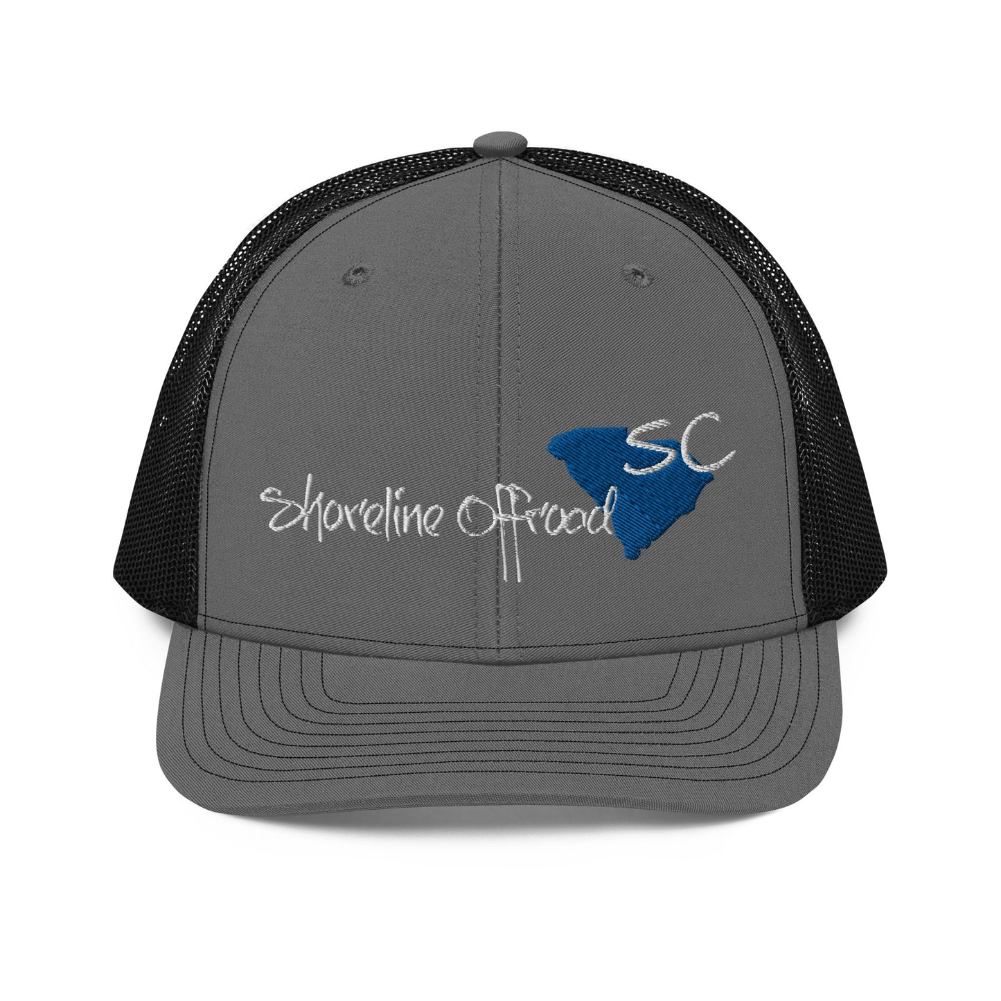 a gray and black trucker hat with the state of south carolina on it
