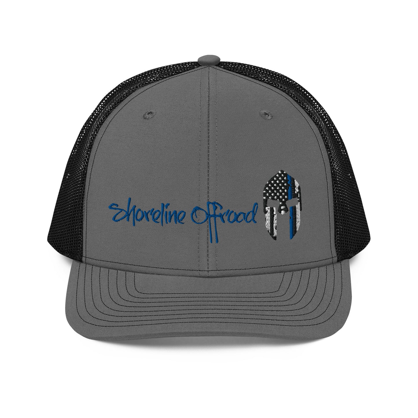 a gray and black trucker hat with an american flag on it
