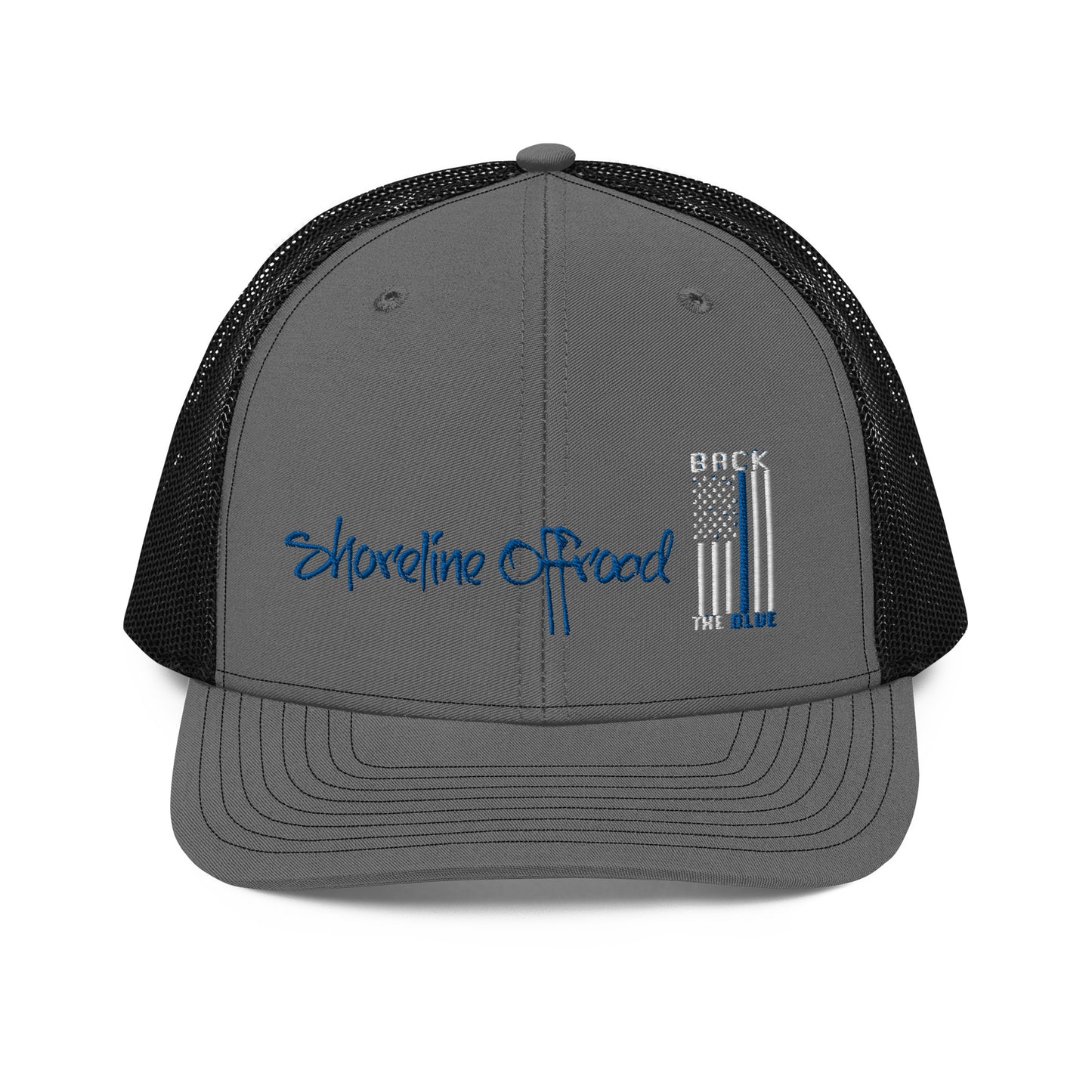 a gray and black trucker hat with an american flag