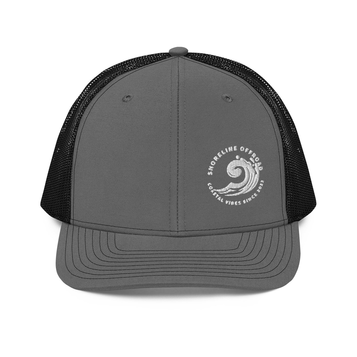a gray and black trucker hat with a white logo