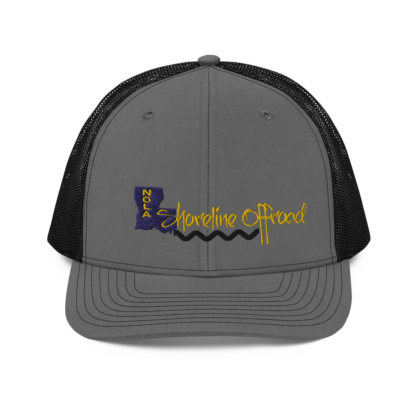 a gray and black trucker hat with a yellow and blue logo