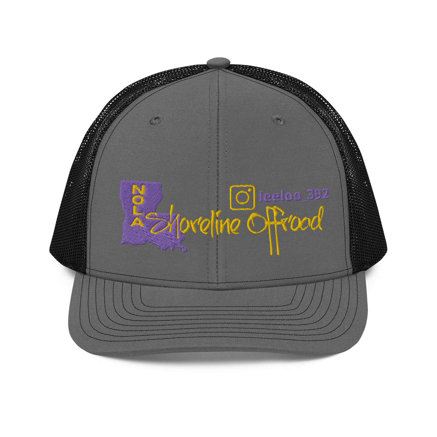 a gray trucker hat with a purple and yellow logo