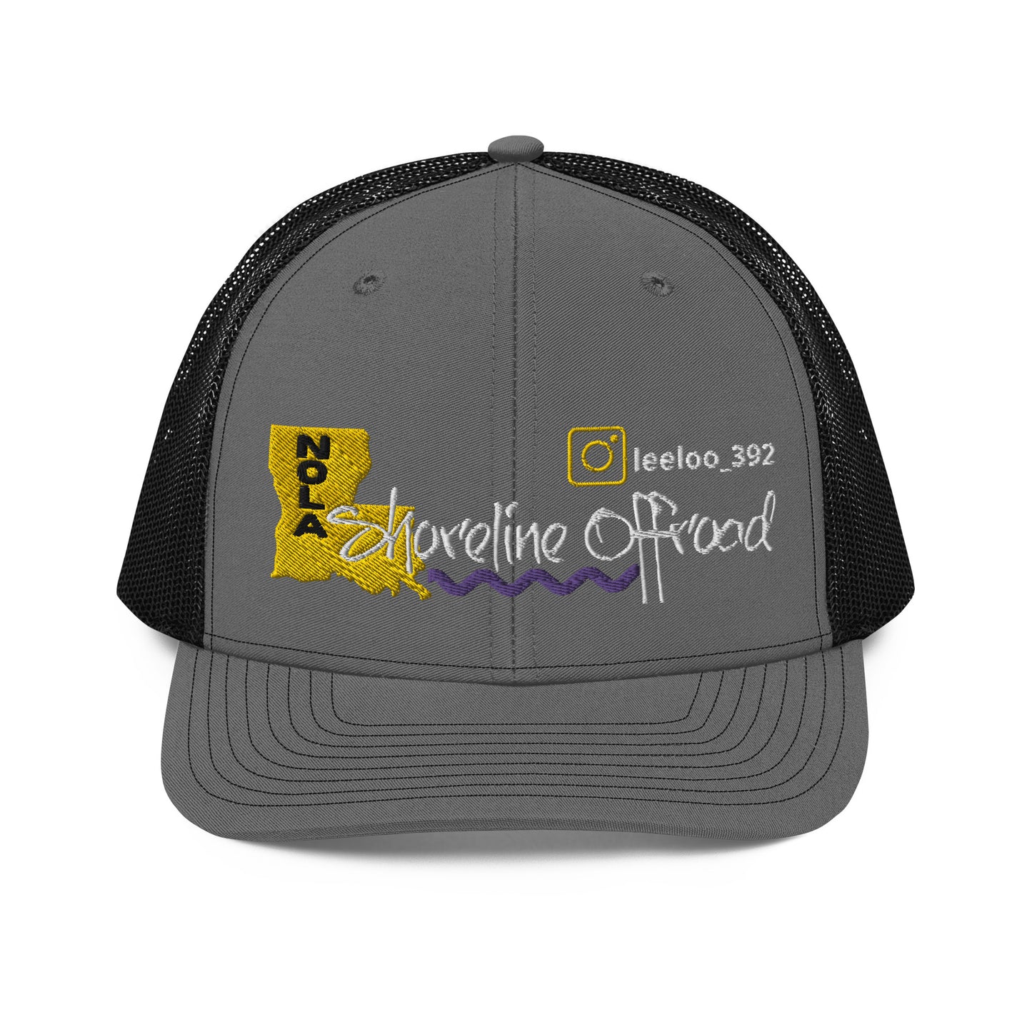 a gray and black trucker hat with a yellow and purple logo