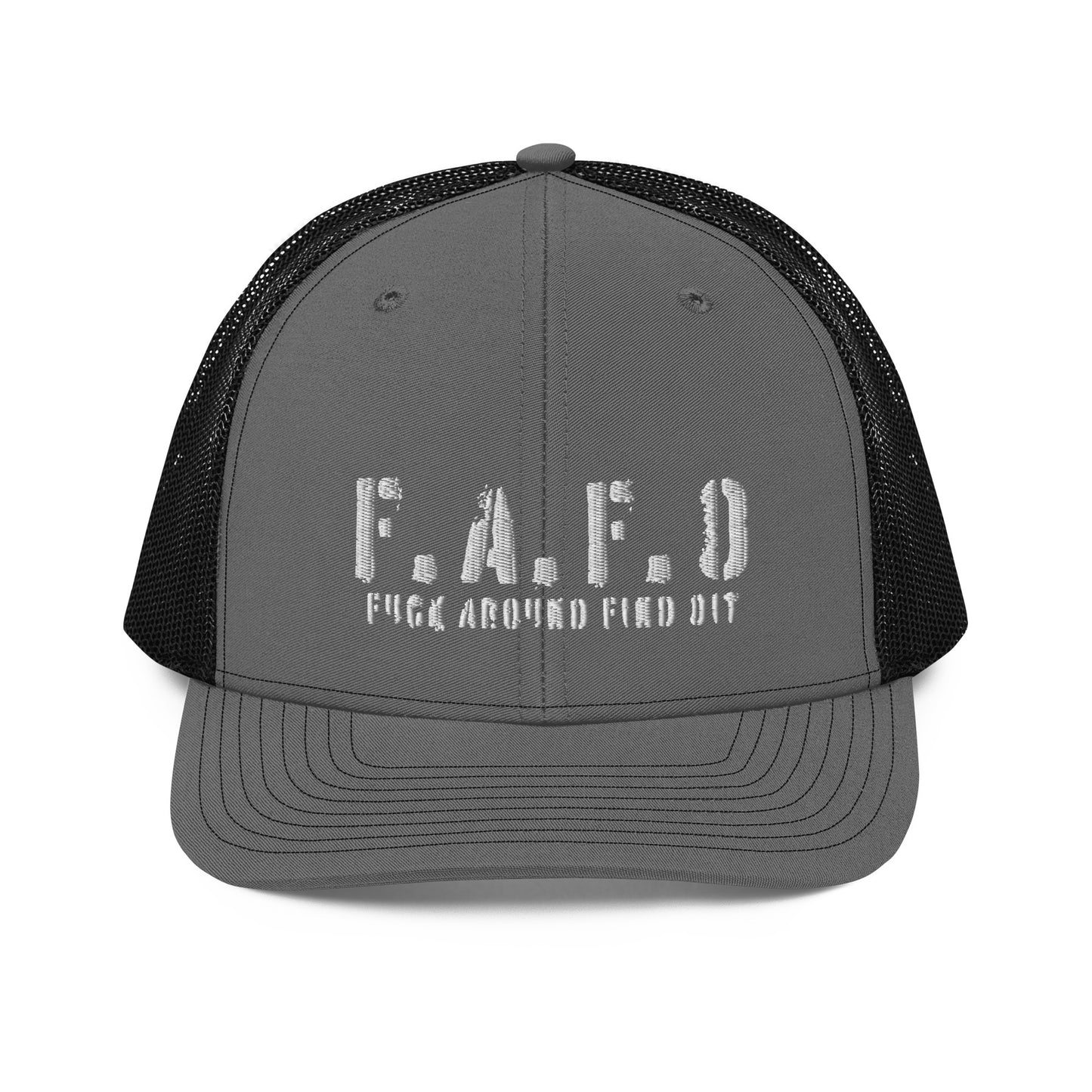 a gray and black trucker hat with the word f a f d on it