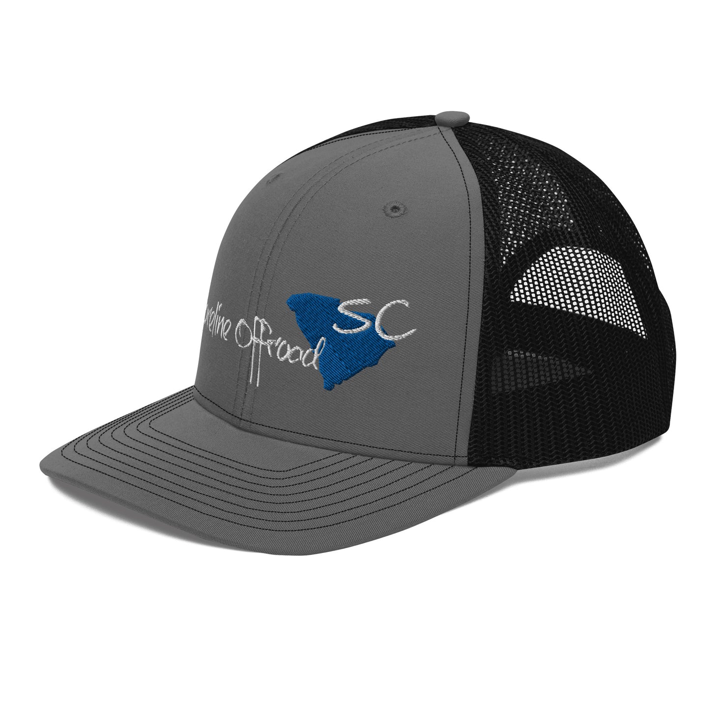 a gray and black trucker hat with the state of south carolina on it