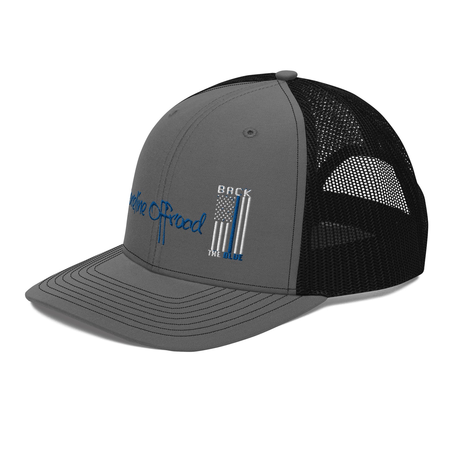 a gray and black trucker hat with a flag on it