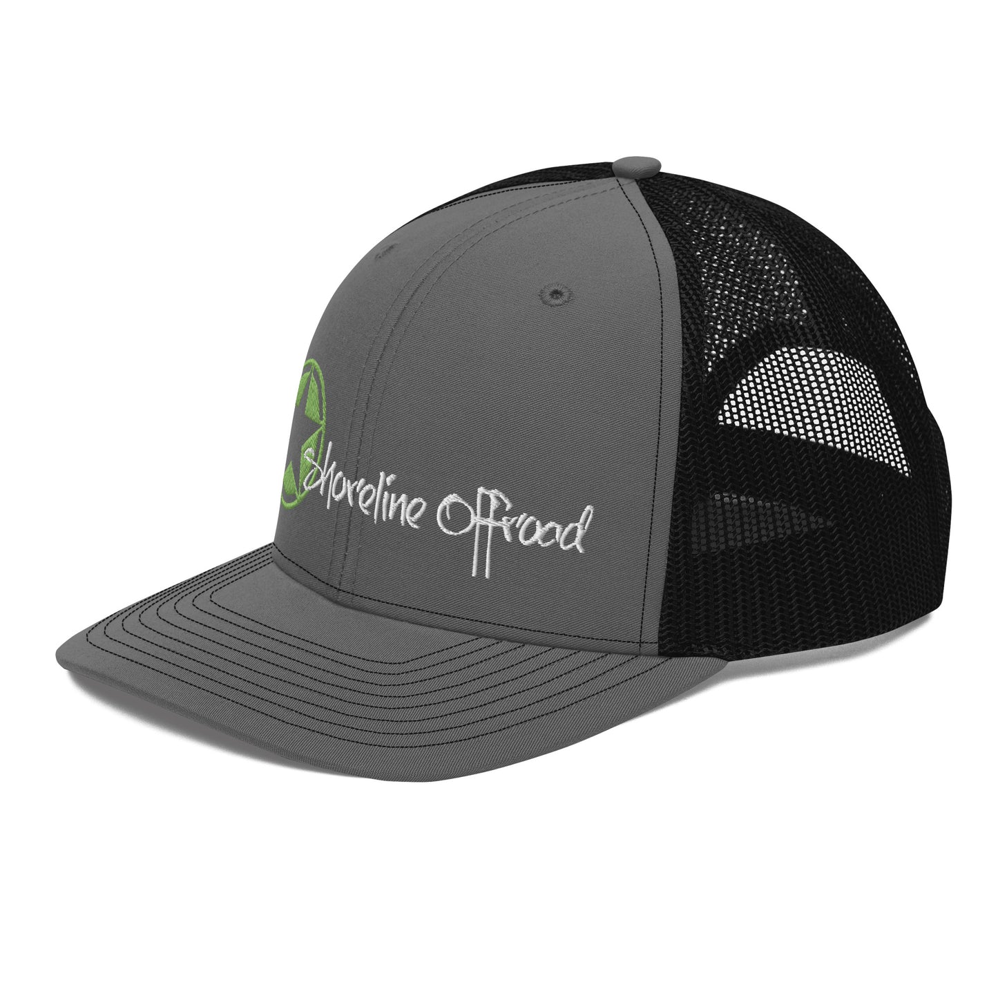 a gray and black trucker hat with a green logo