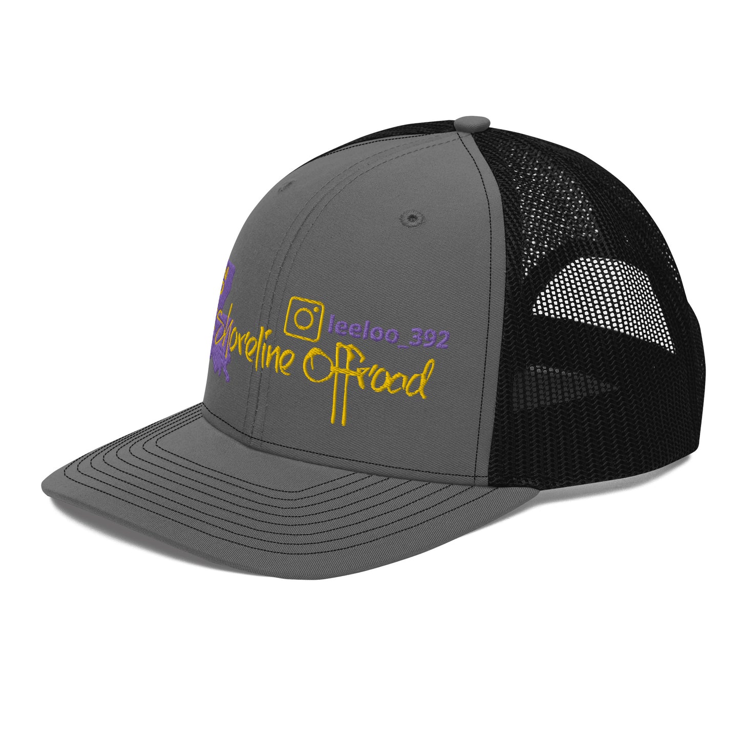 a grey and black trucker hat with a yellow and purple logo