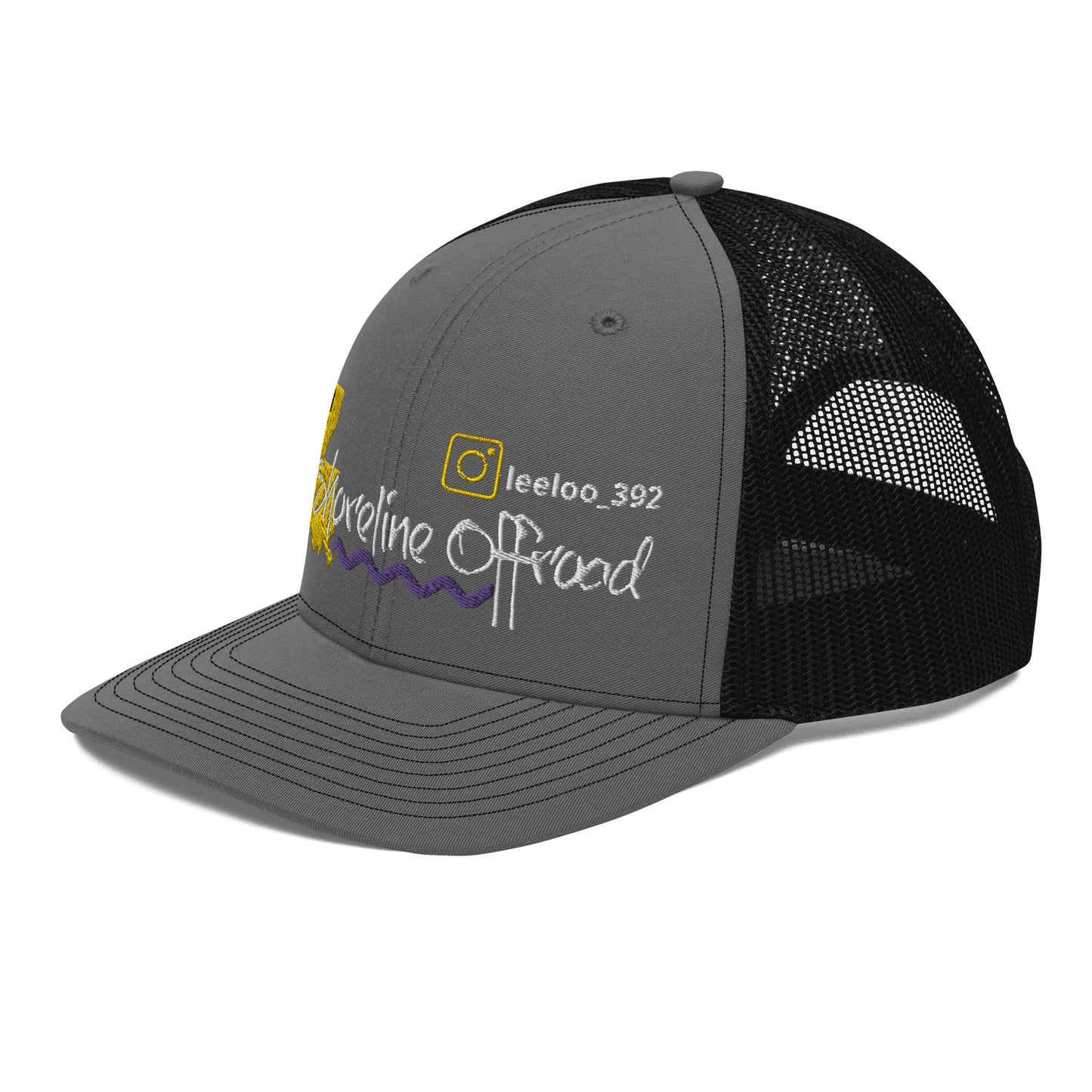 a gray and black trucker hat with a yellow and purple logo