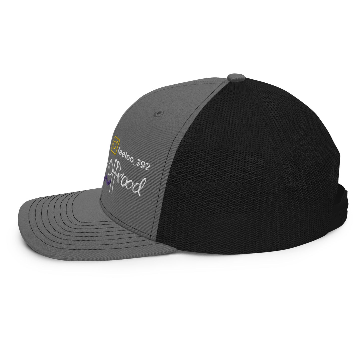 a black and grey hat with a logo on it