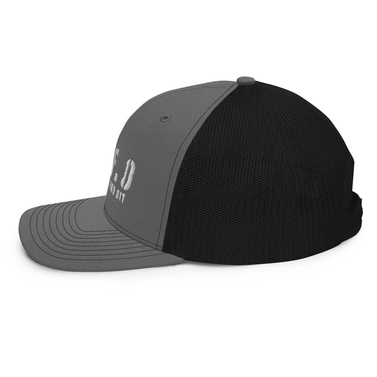 a black and grey hat with the word o on it