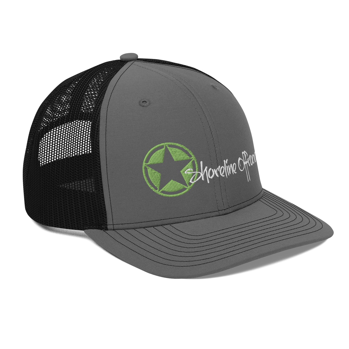 a gray and black hat with a green star on it