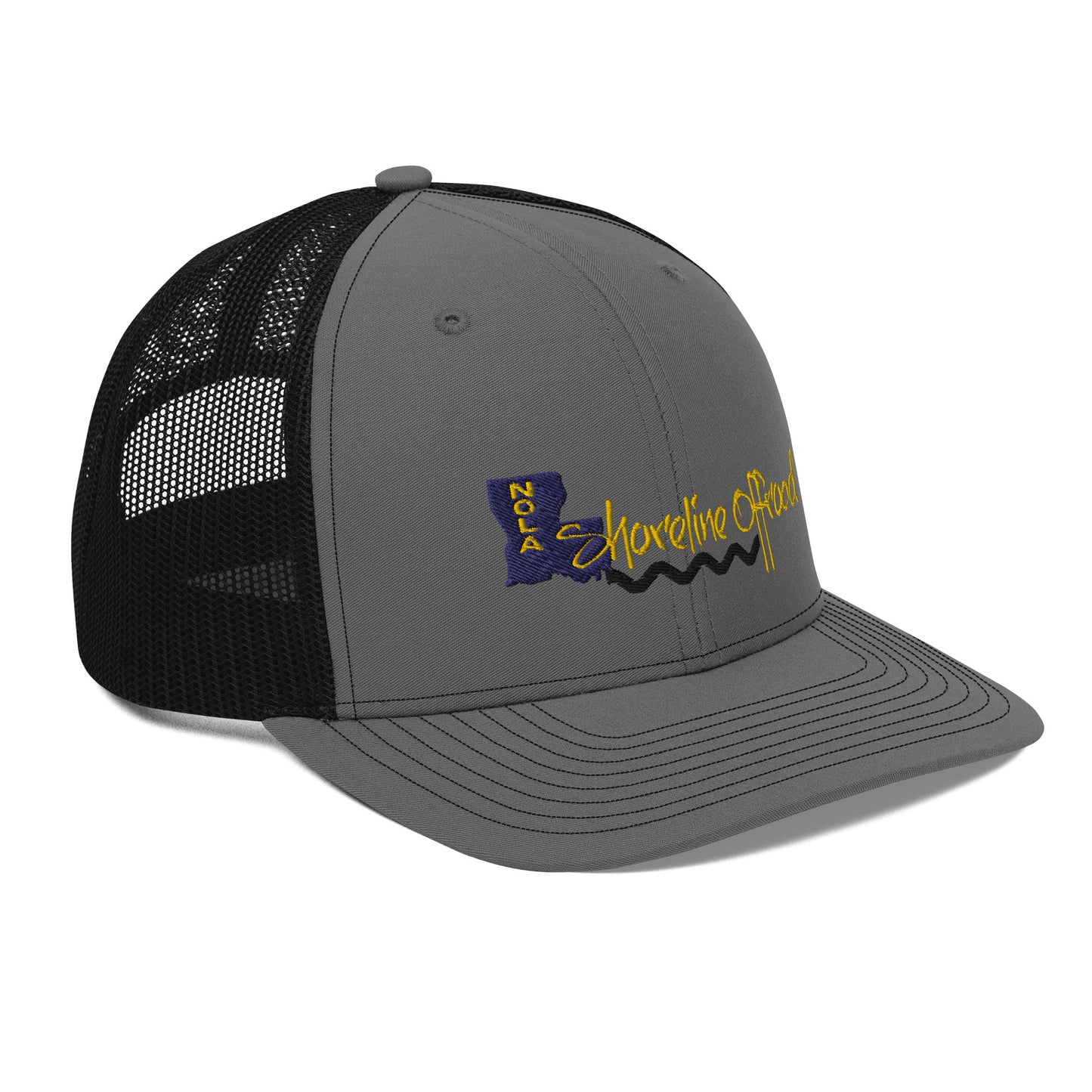 a gray and black trucker hat with the logo of a baseball team