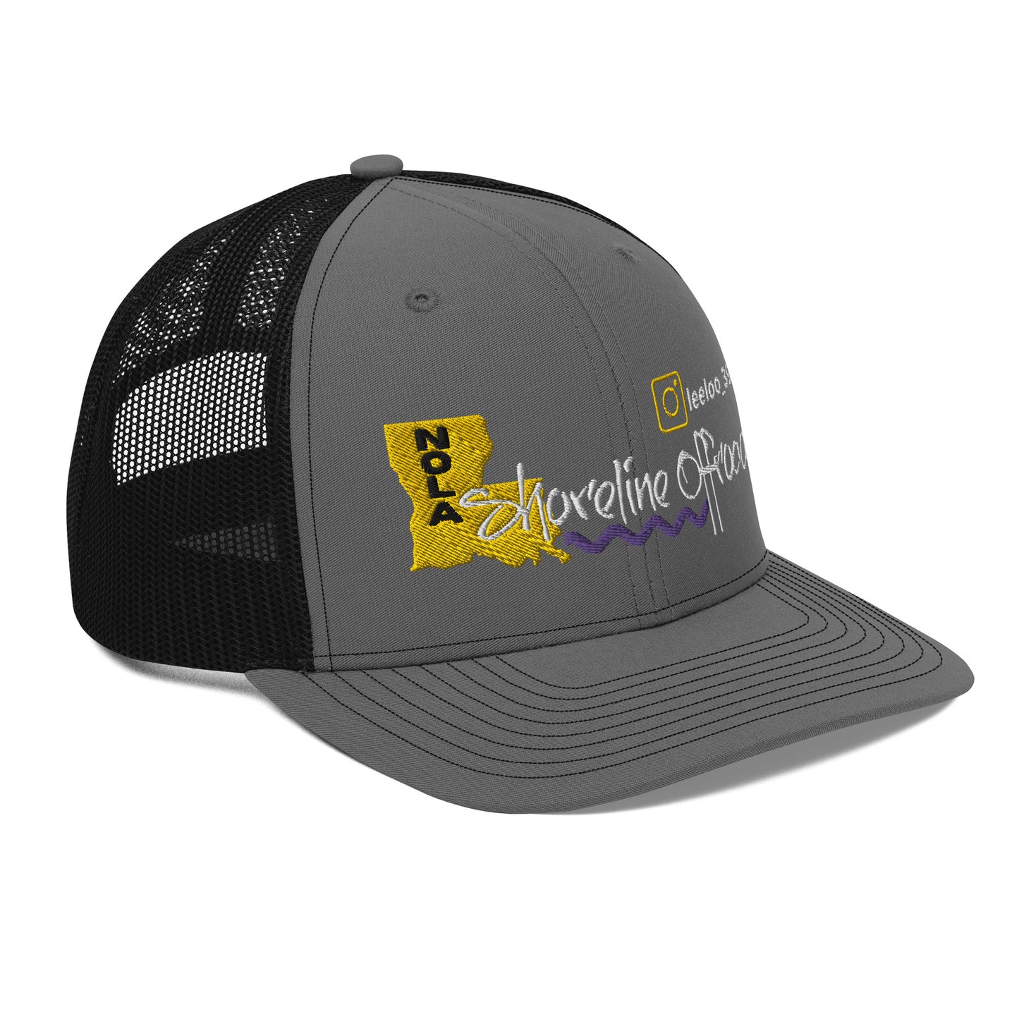 a gray and black trucker hat with the state of michigan on it