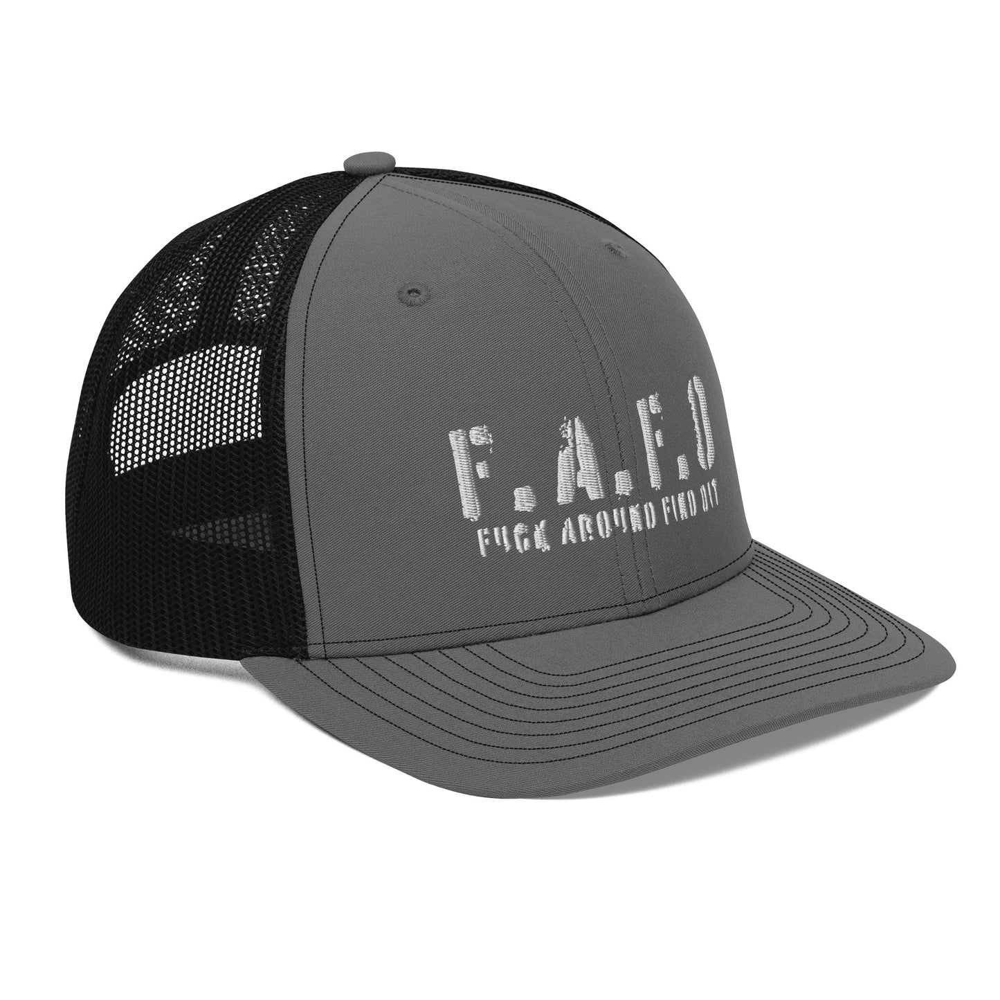 a gray and black hat with the word f a f o on it