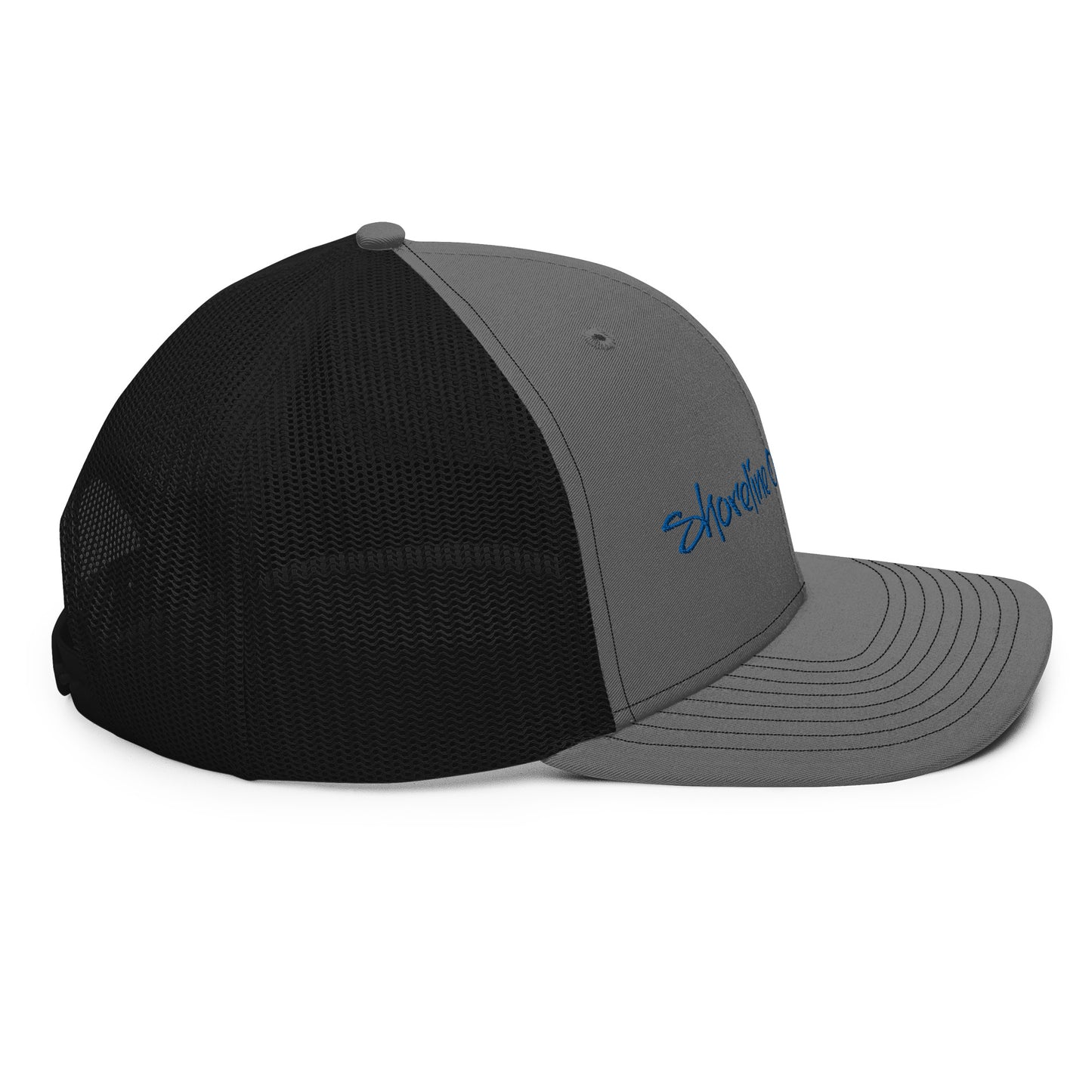 a black and grey hat with a blue logo