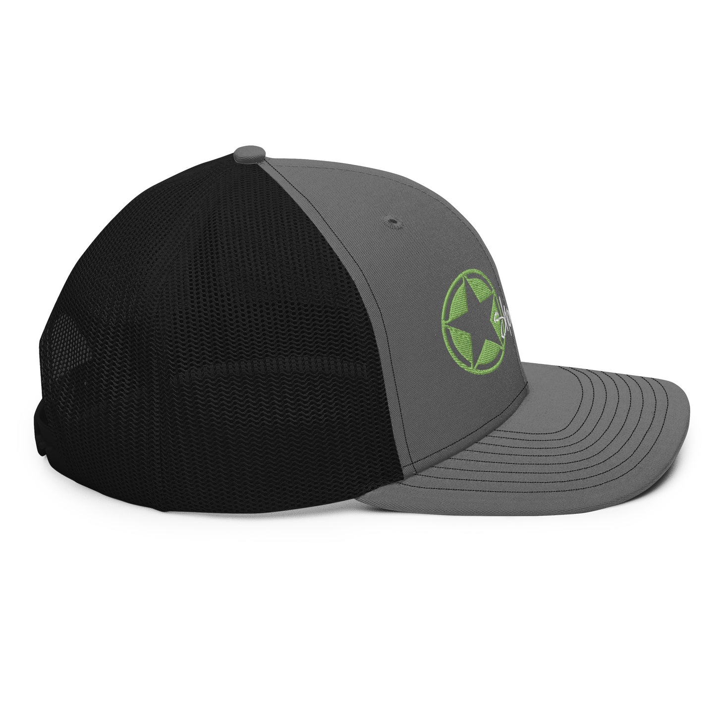 a grey and black hat with a green star on it