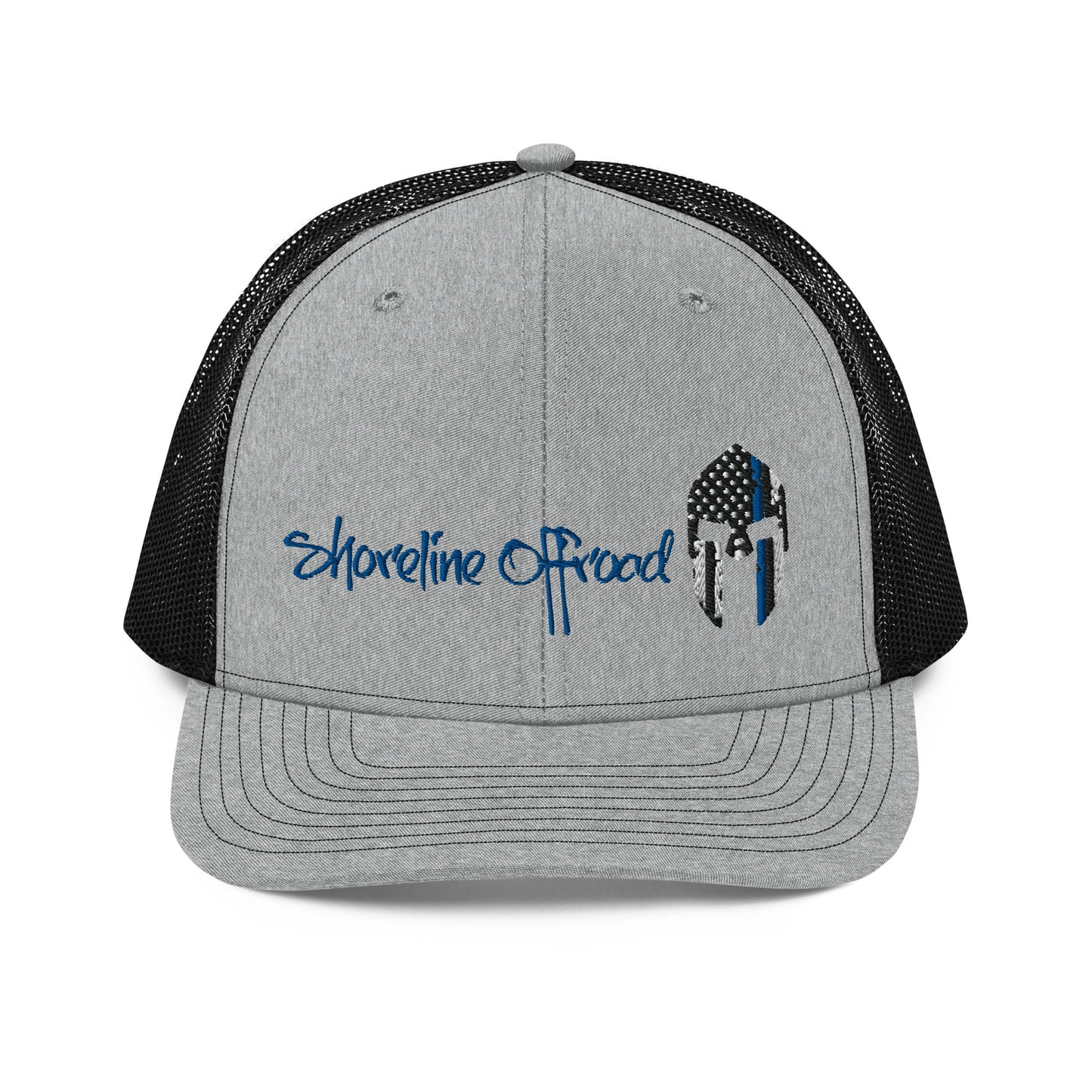 a gray and black trucker hat with the logo of a bird on it