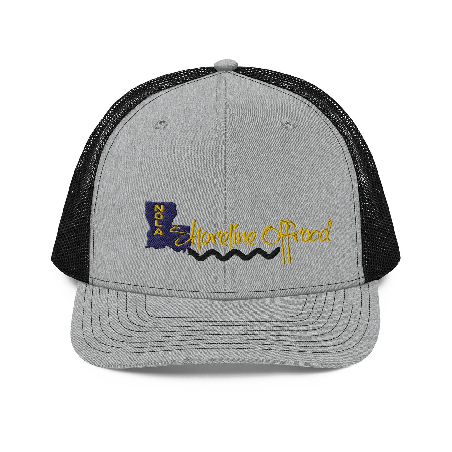 a gray and black trucker hat with the logo of the state of north carolina
