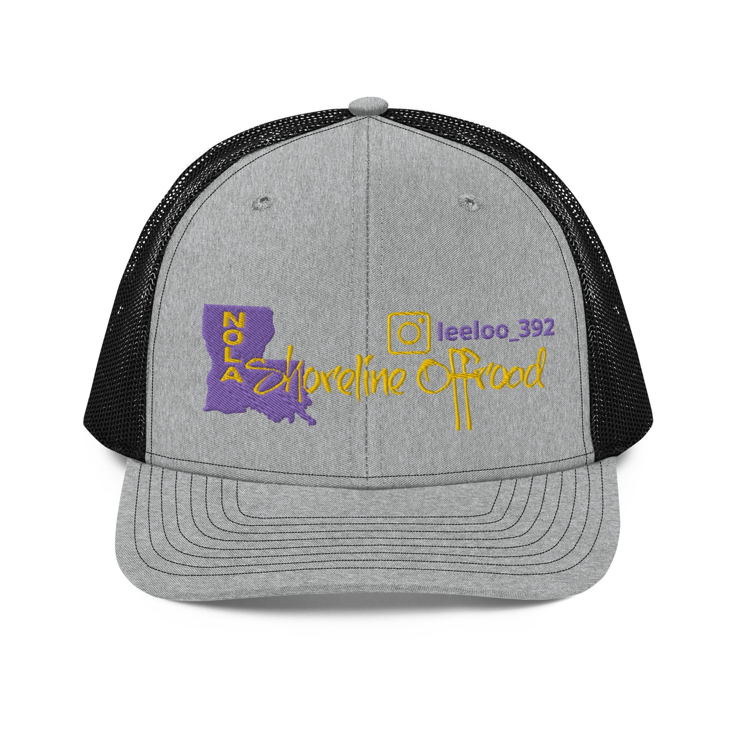 a gray trucker hat with a purple and yellow logo