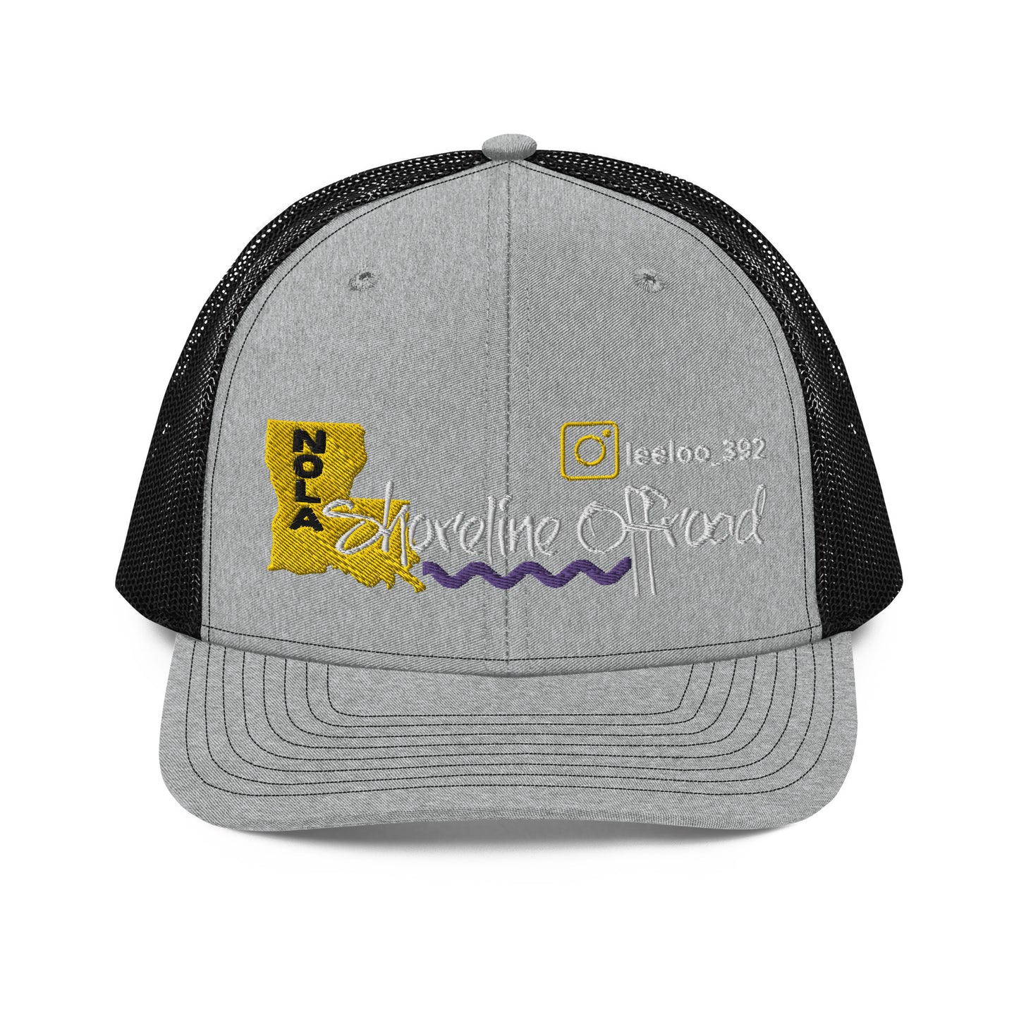 a gray and black trucker hat with a yellow and purple logo