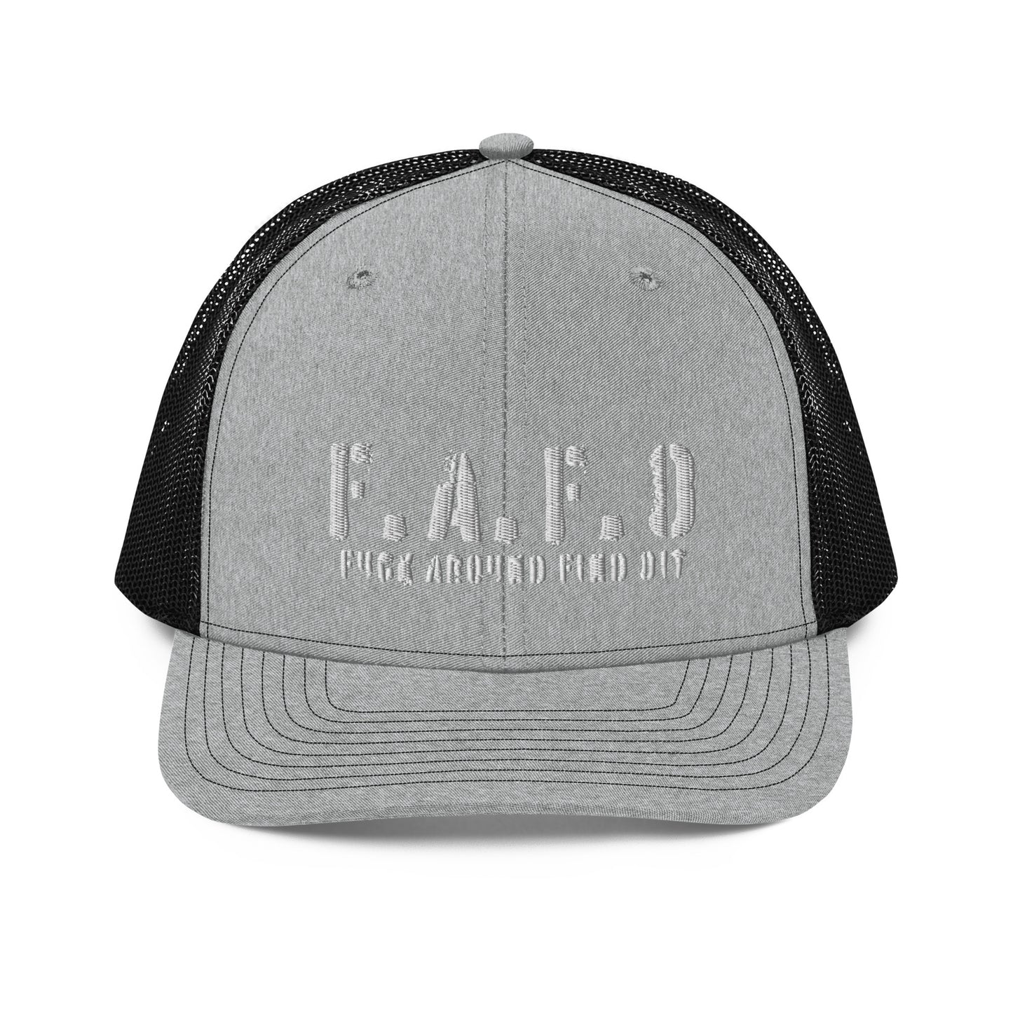a gray and black trucker hat with the word f a f o on it