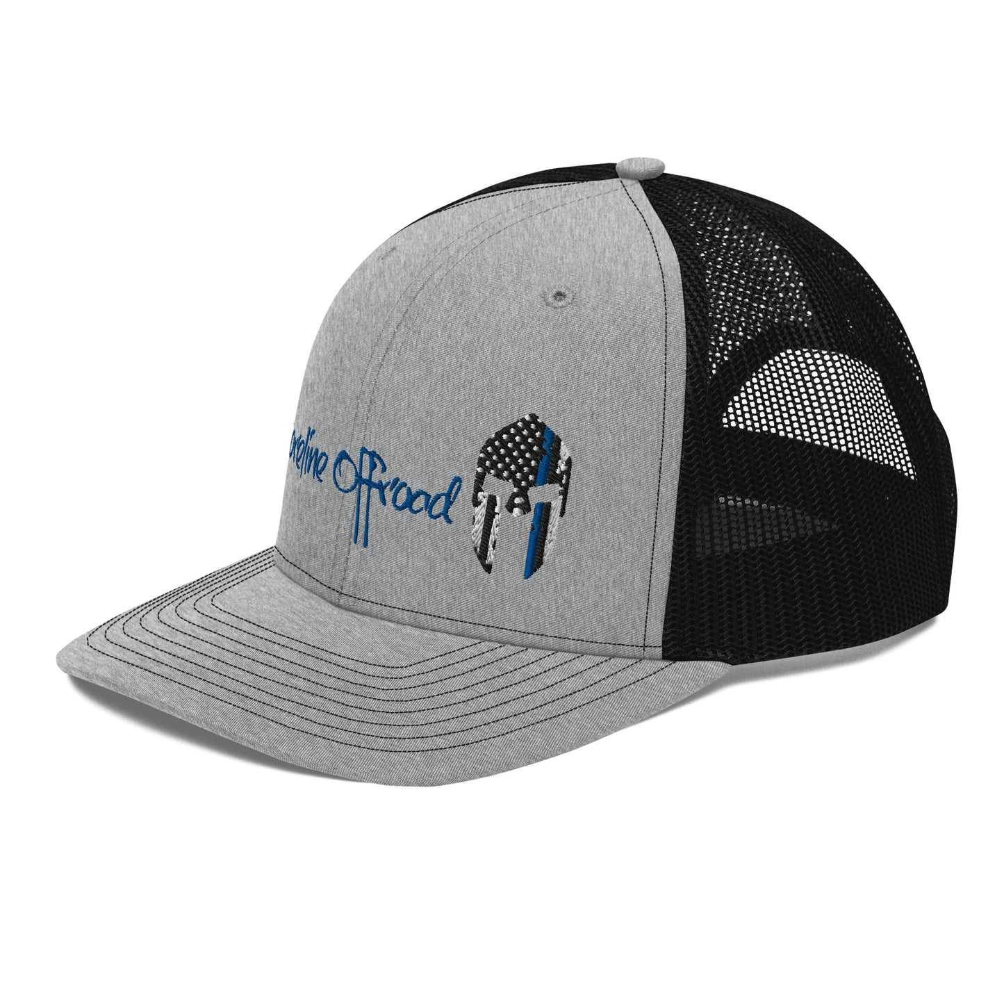 a gray and black trucker hat with a blue horse on it