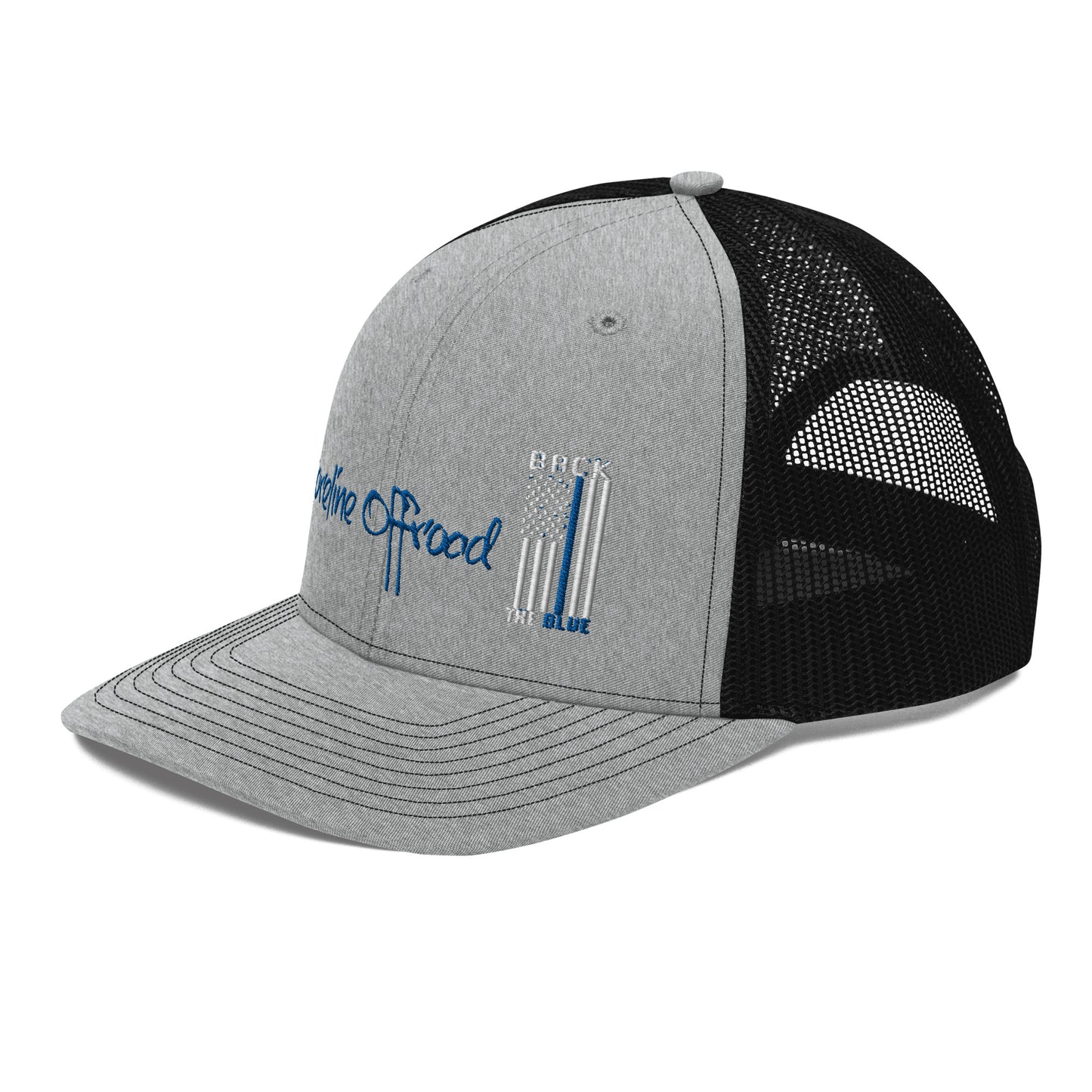 a gray and black trucker hat with a blue logo