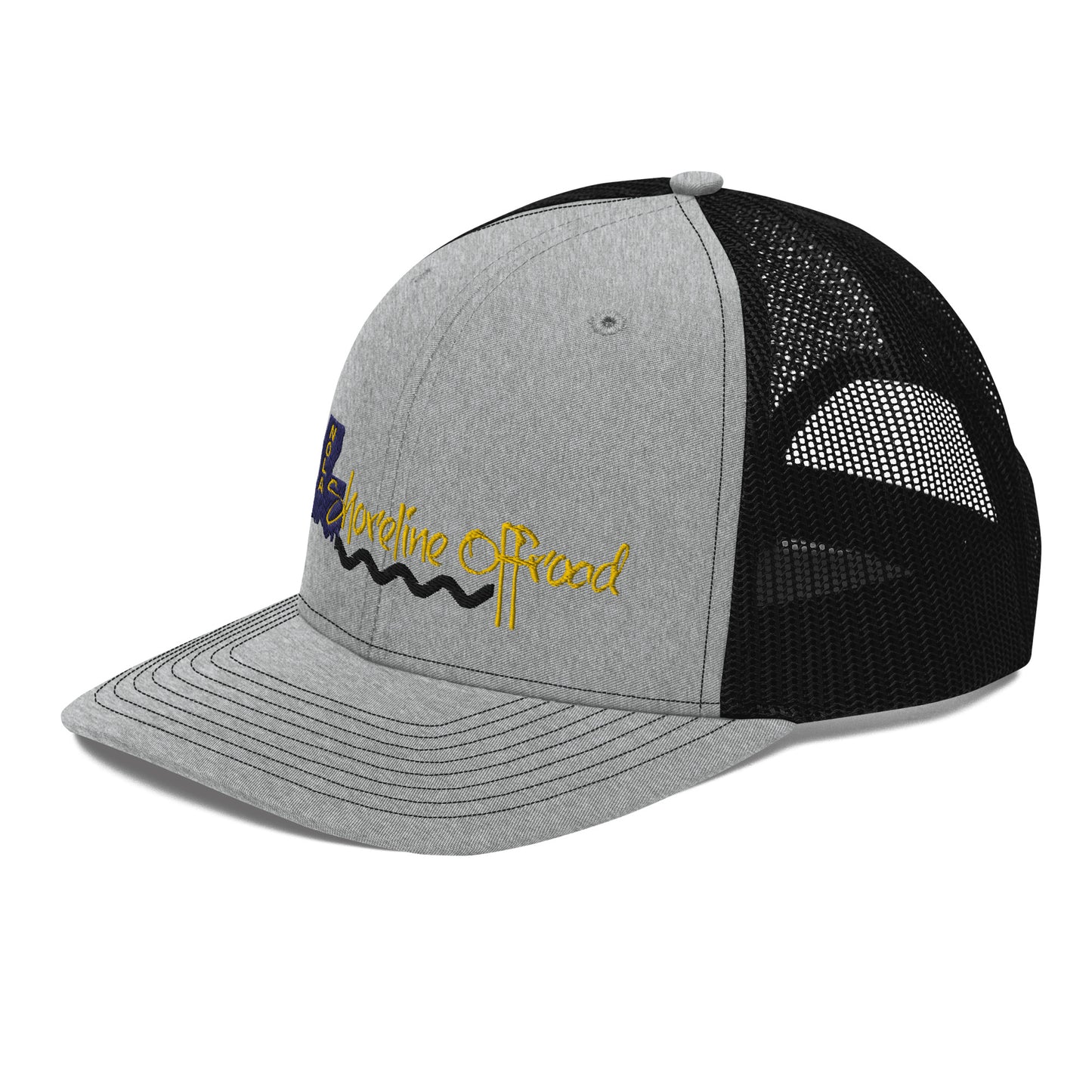 a gray and black trucker hat with a yellow logo