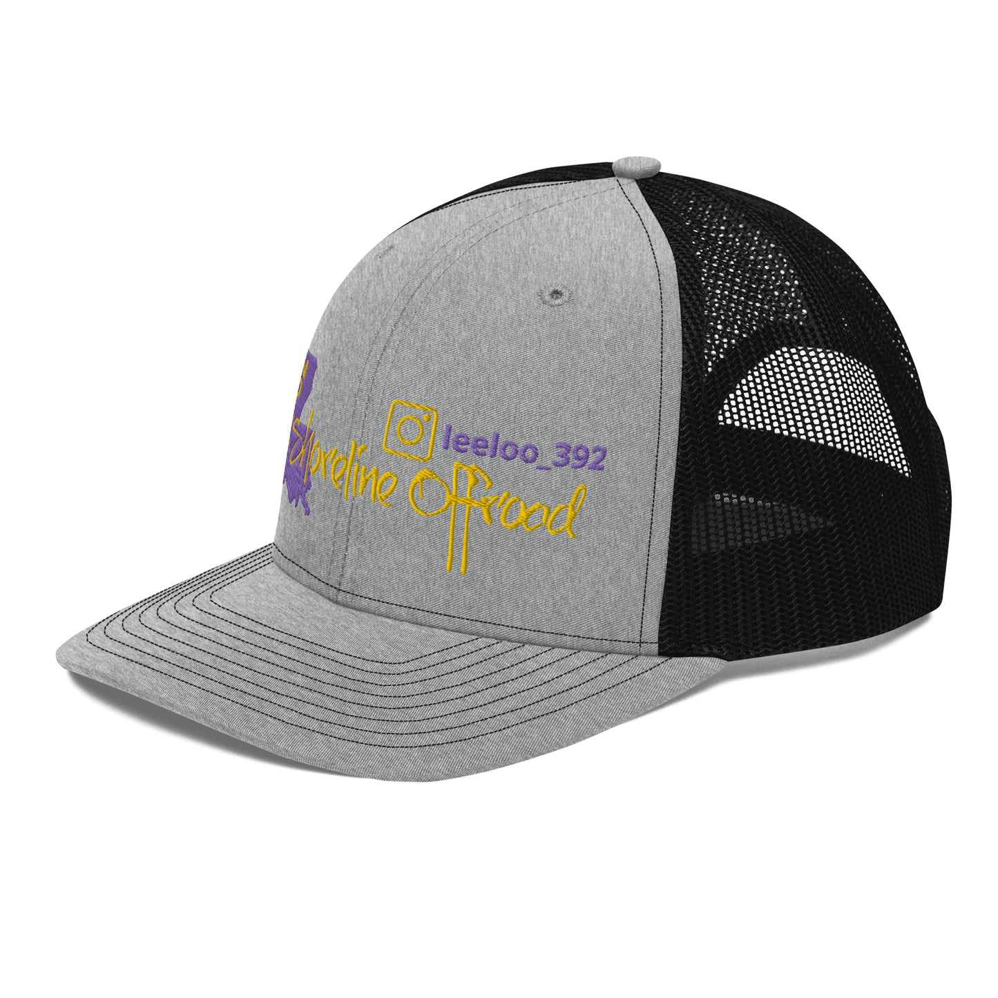 a grey and black hat with a yellow and purple logo