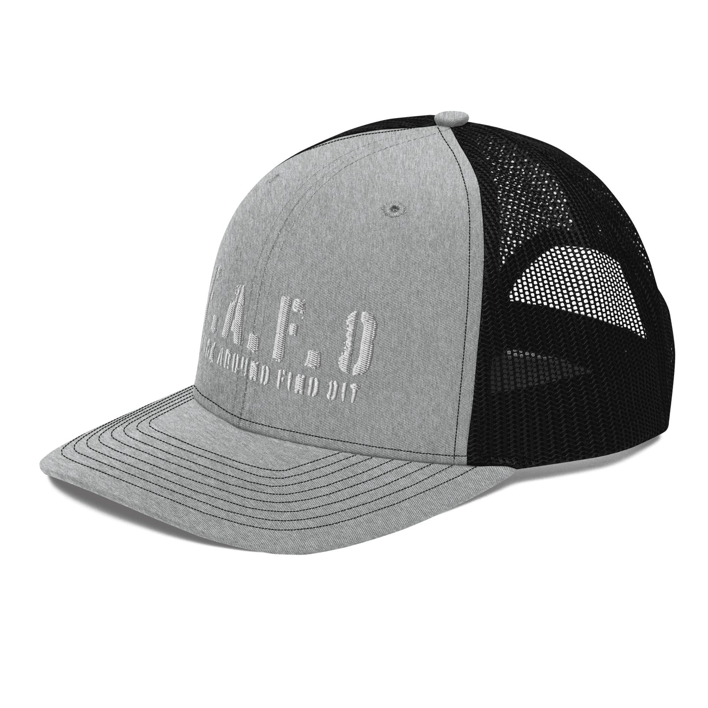 a gray and black trucker hat with a white logo