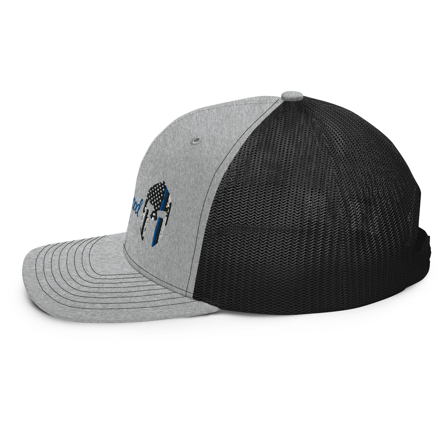 a grey and black hat with a horse on it