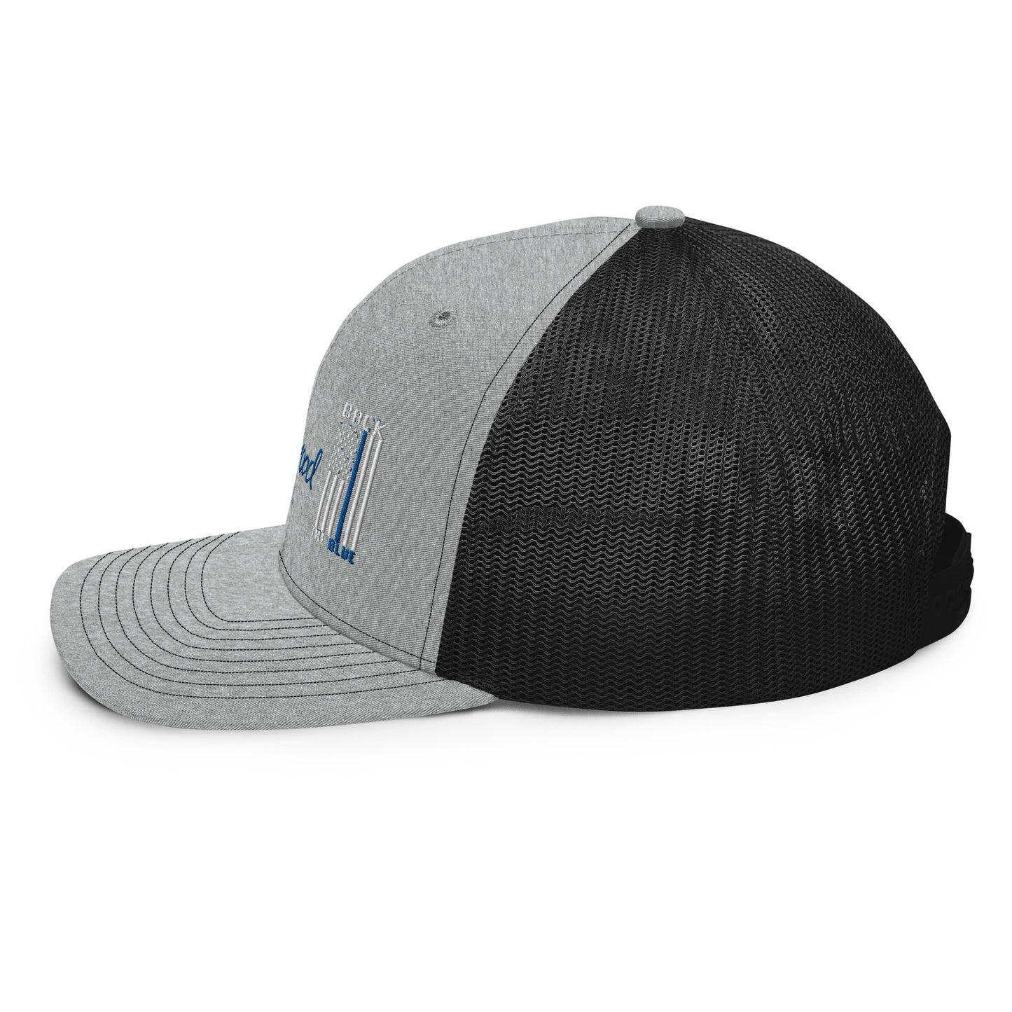 a black and grey hat with a blue stripe