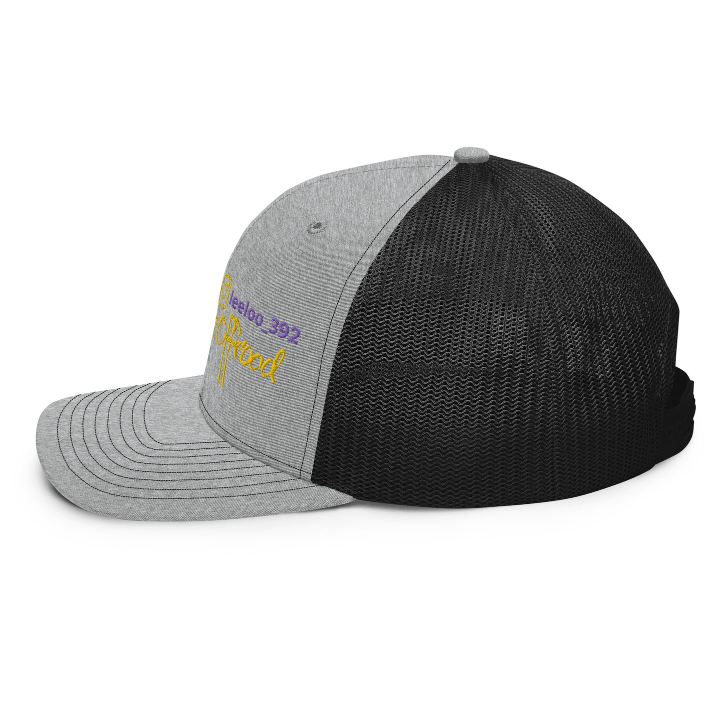 a black and grey hat with a yellow and white logo