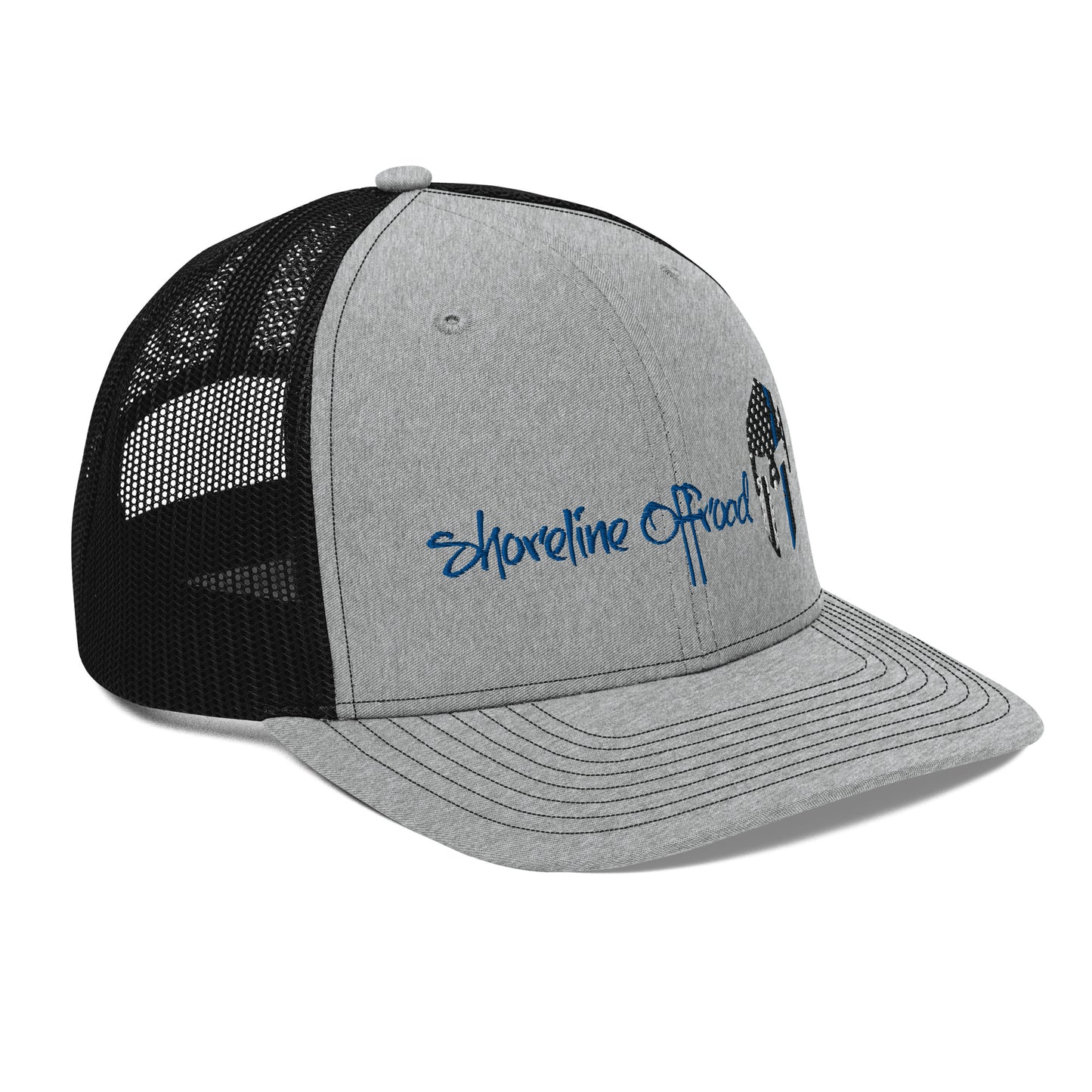 a gray and black hat with a blue logo