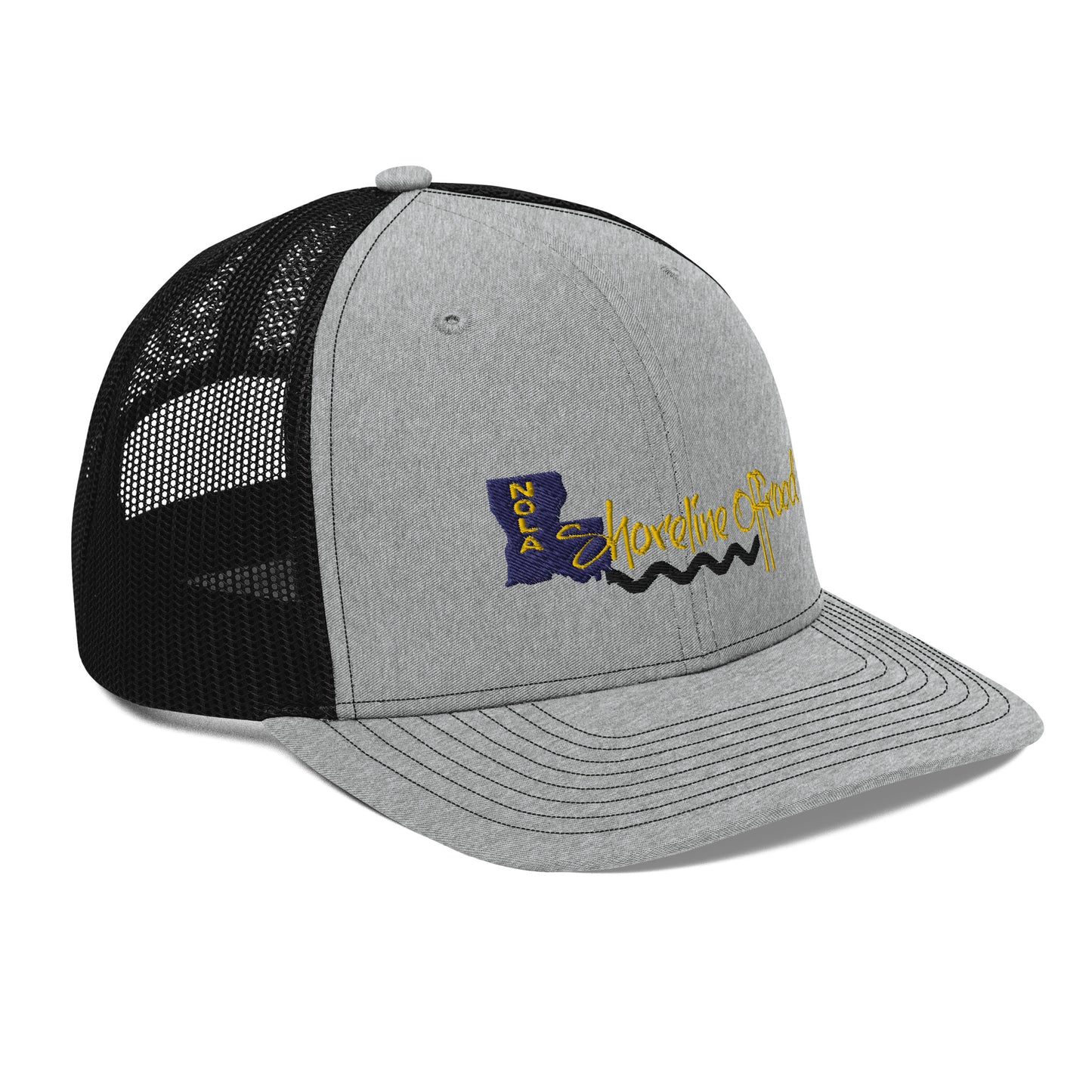 a gray and black trucker hat with a yellow and blue logo