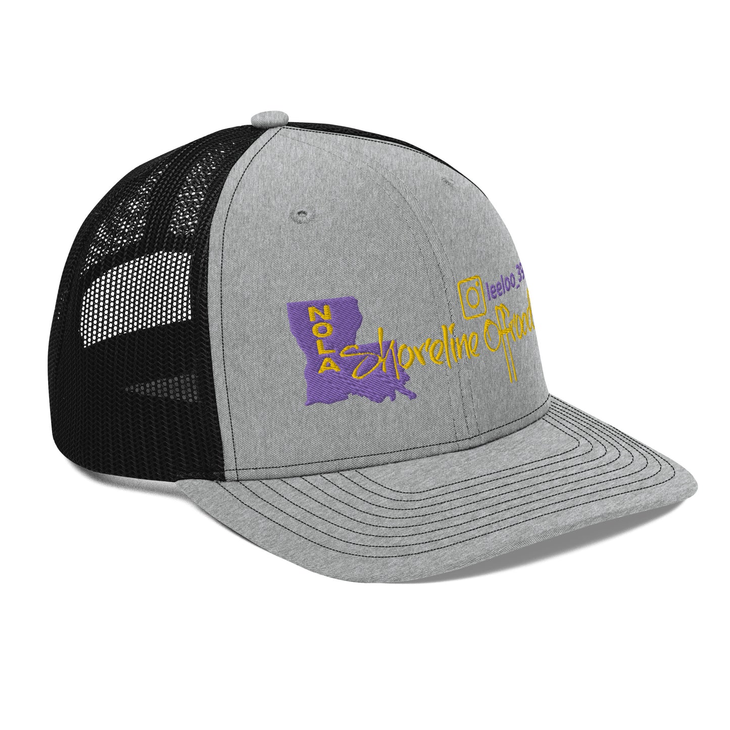 a gray and black hat with a purple and yellow logo