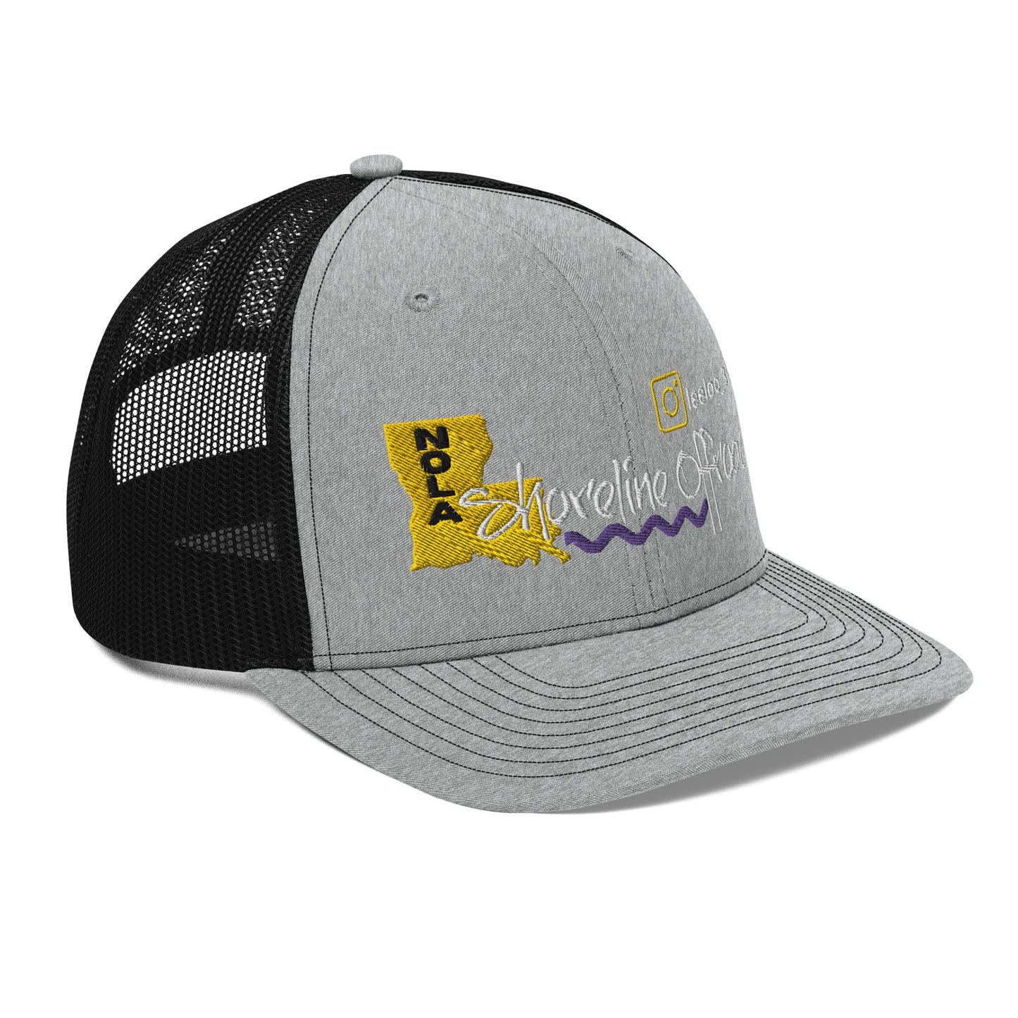 a gray and black trucker hat with a yellow and purple logo
