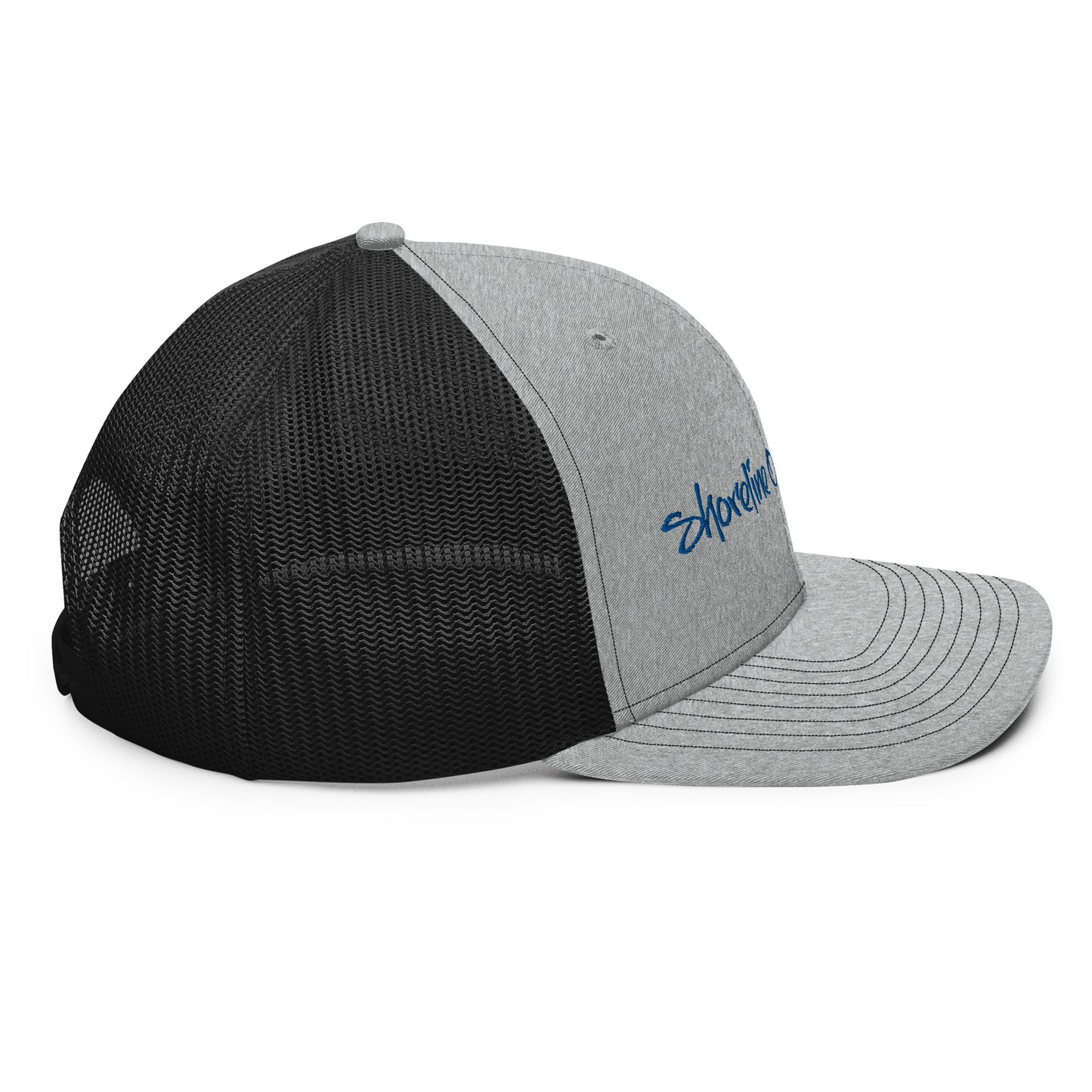a black and grey hat with a blue logo