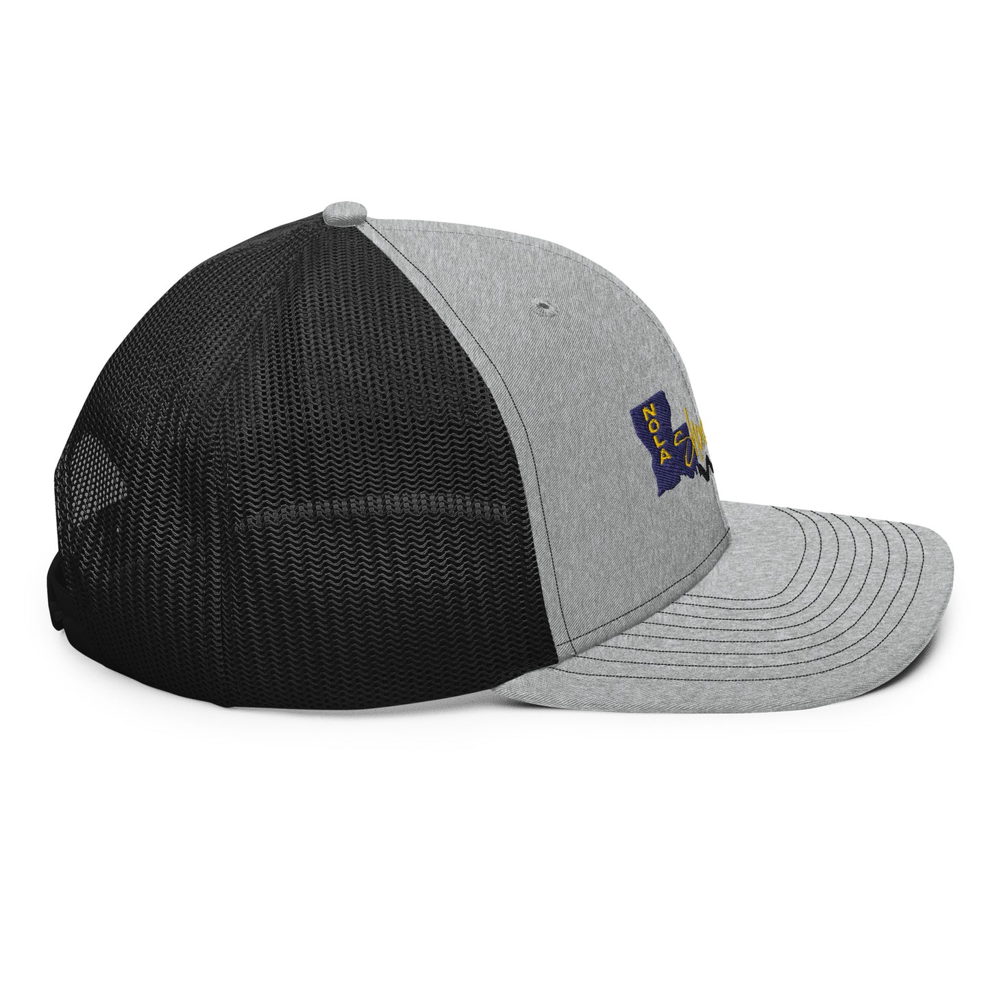 a grey and black hat with a yellow and blue logo