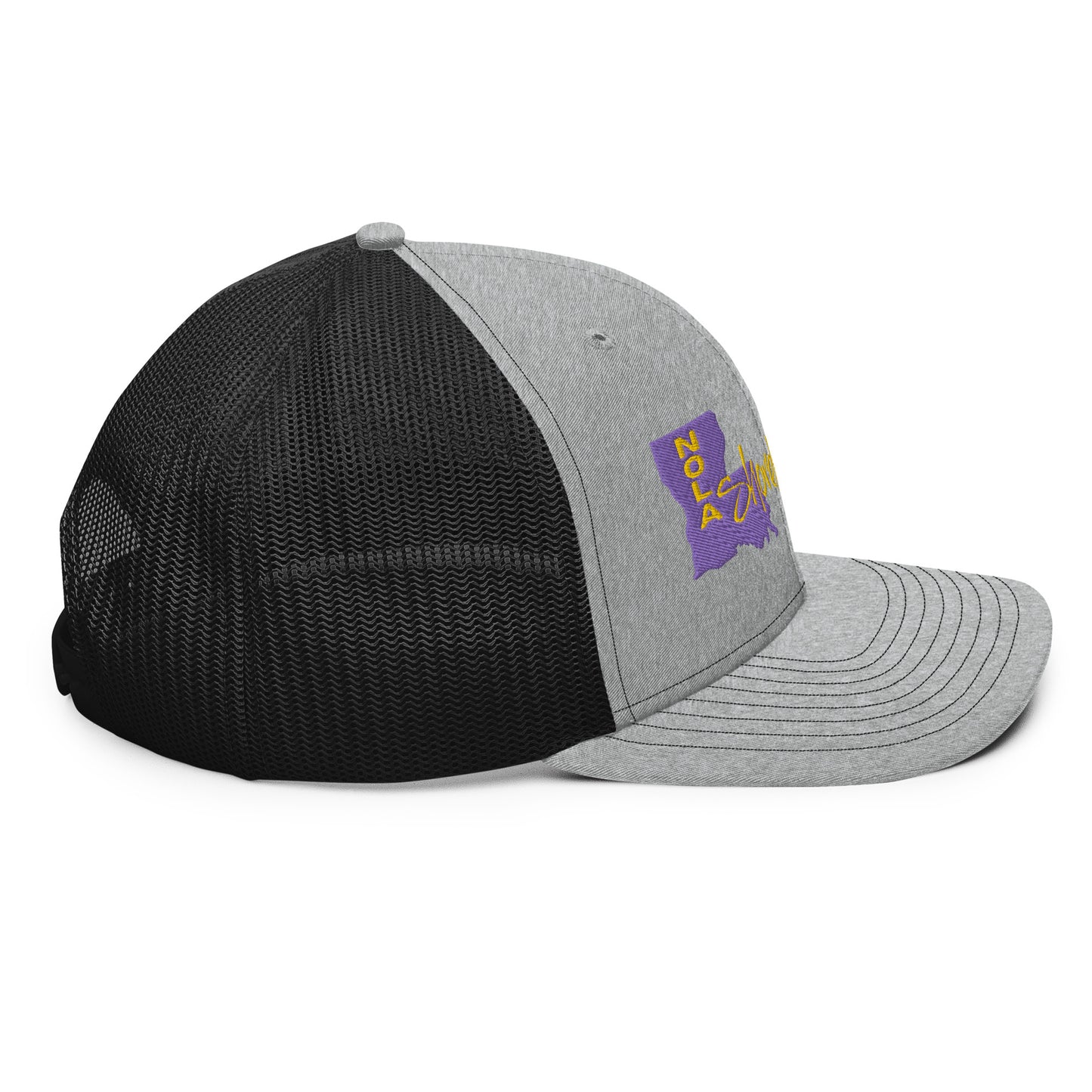 a grey and black hat with a purple logo