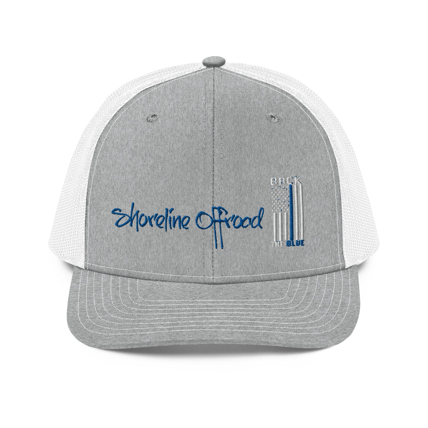 a gray and white trucker hat with a blue and white flag on the front