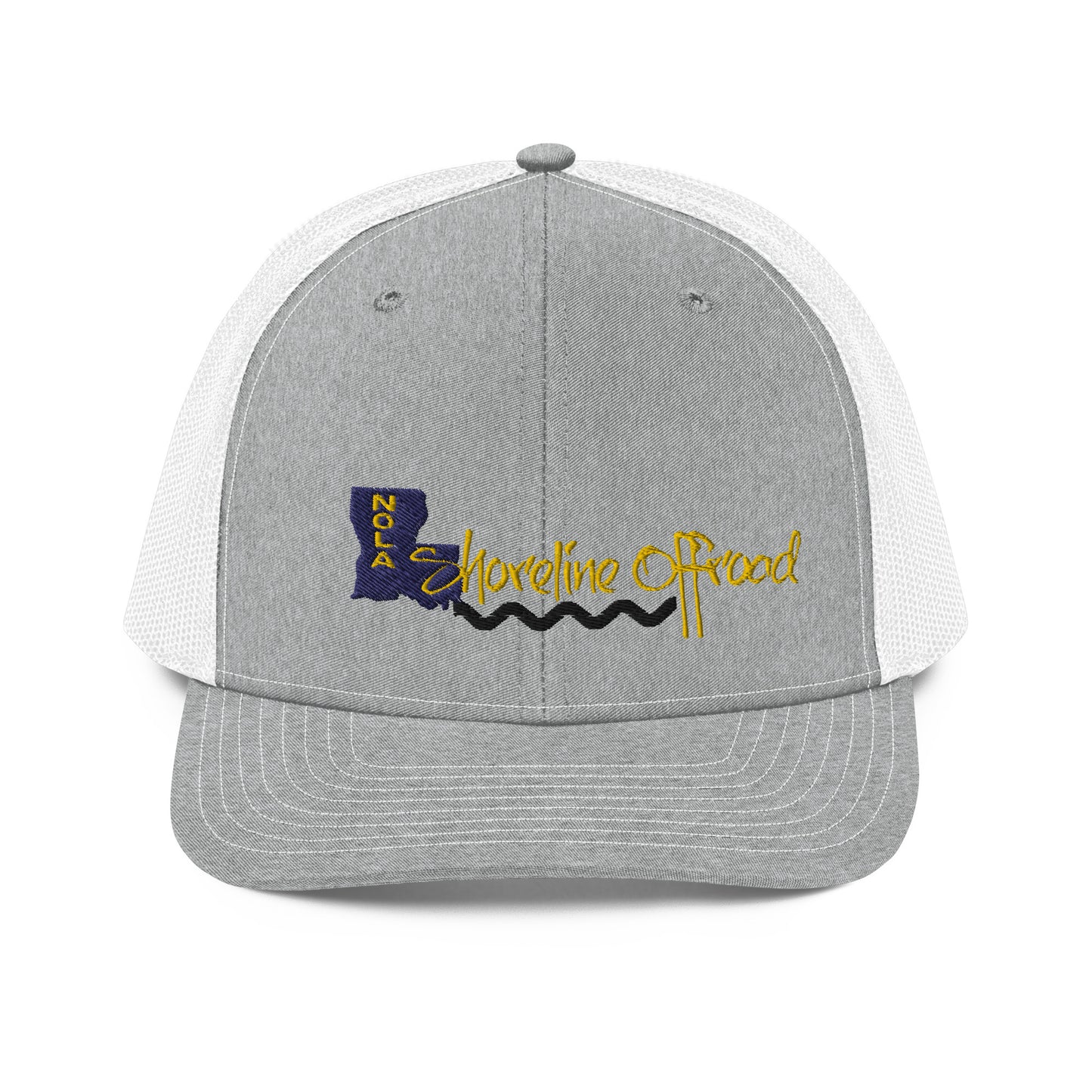 a gray and white trucker hat with the name of the state of north carolina