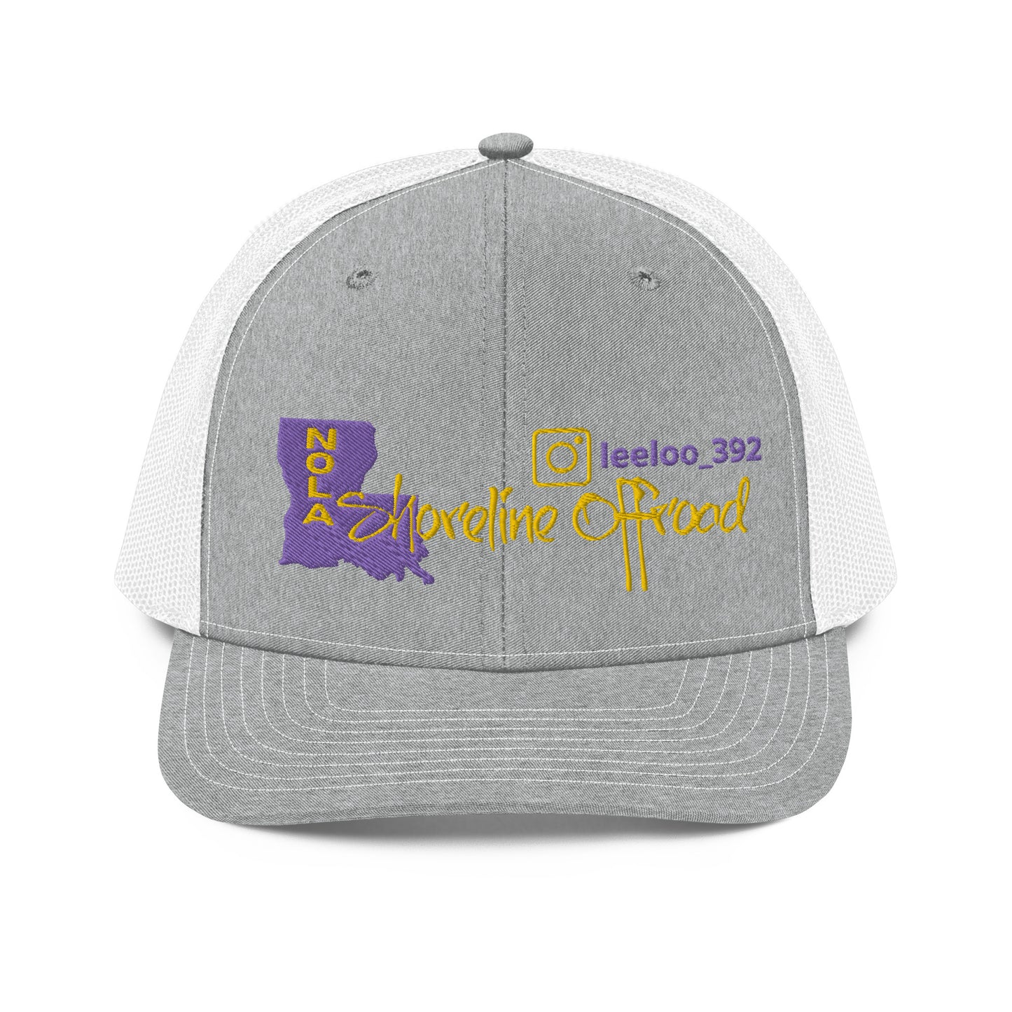 a gray and white trucker hat with a purple and yellow logo