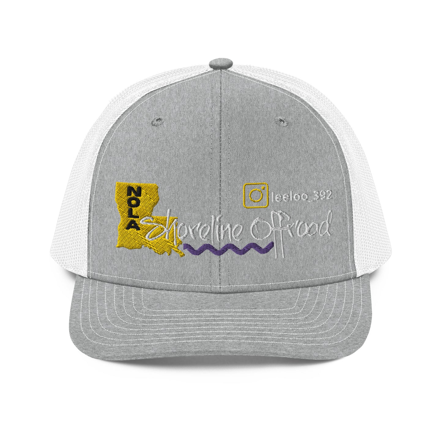 a gray and white trucker hat with the state of south carolina on it