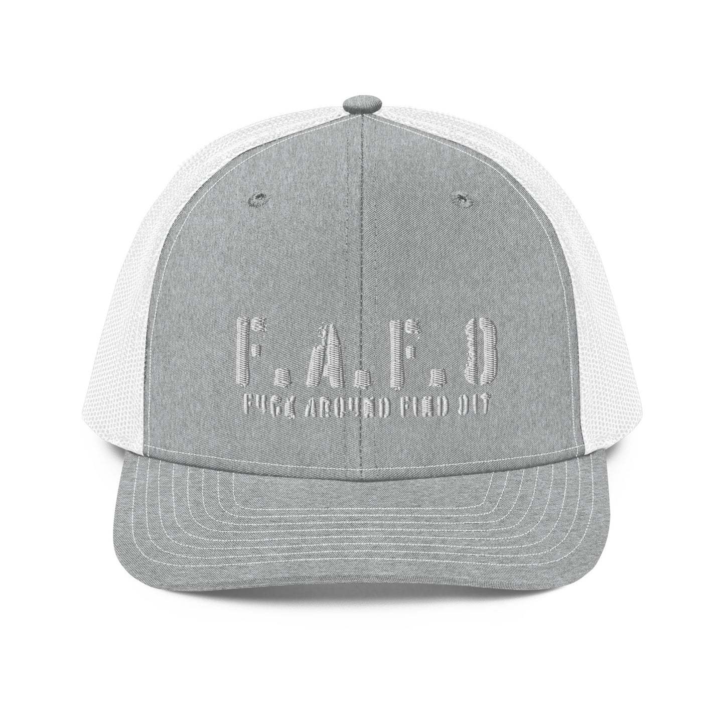 a gray and white trucker hat with the word f a f o on it