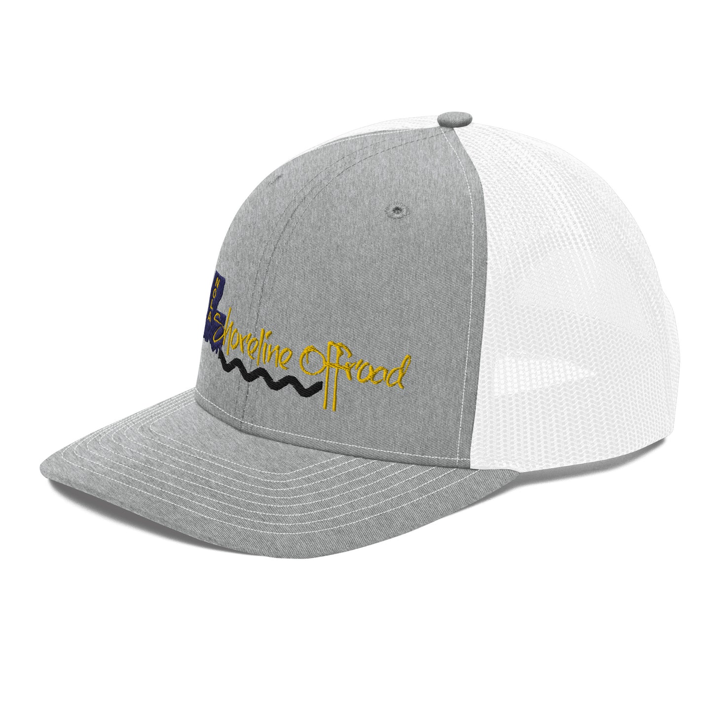a gray and white trucker hat with a yellow logo
