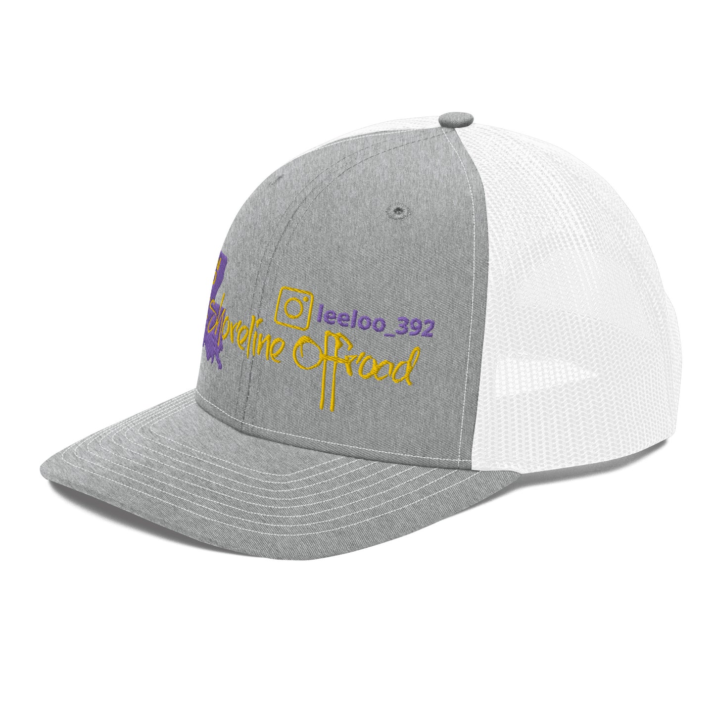 a grey and white hat with a yellow and purple logo