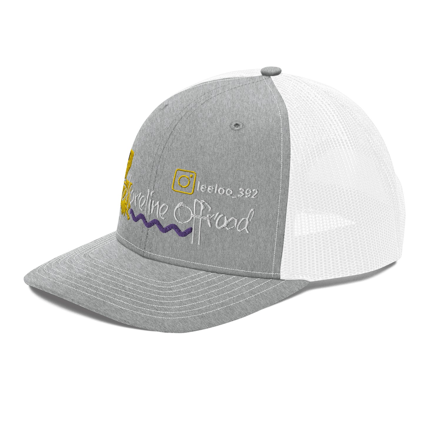 a gray and white hat with a yellow and purple logo