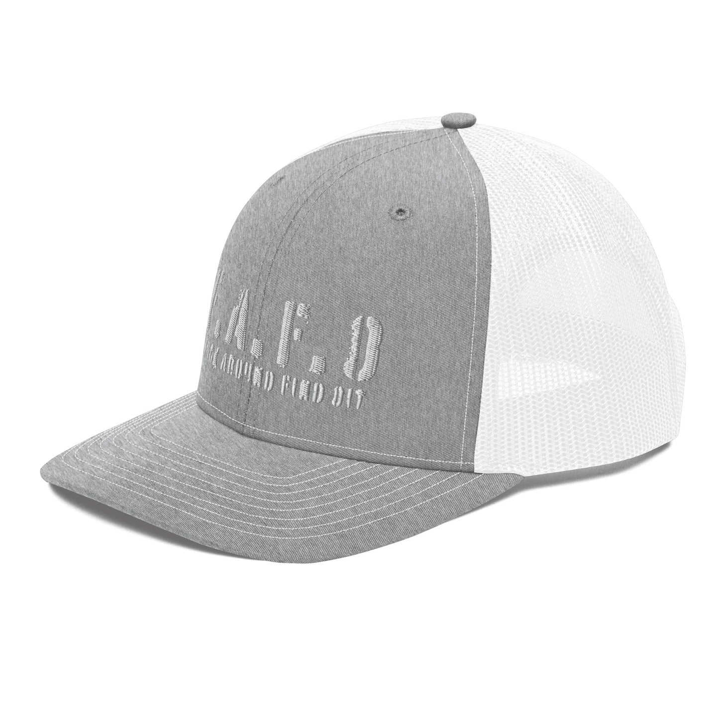 a gray and white trucker hat with the word q a on it